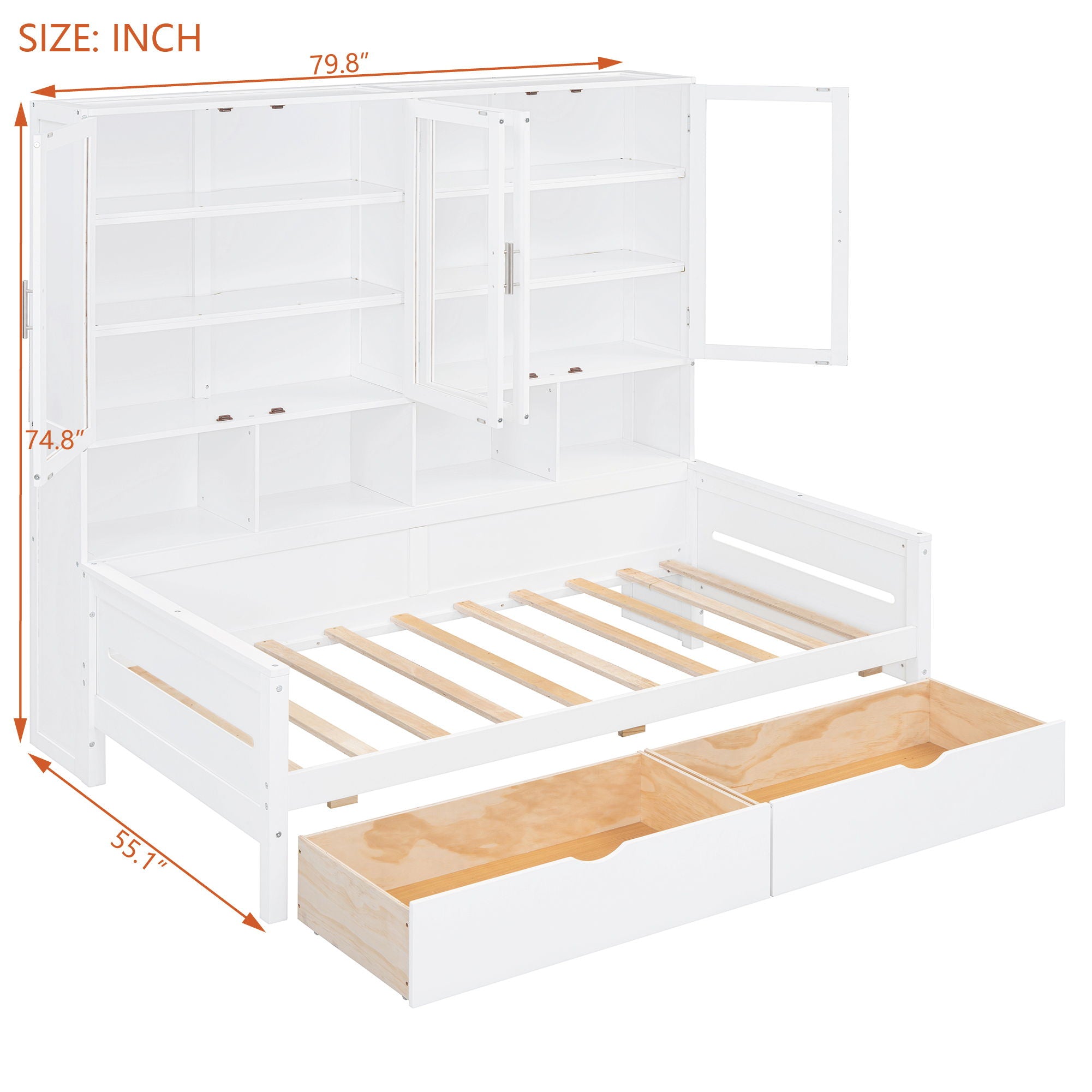 Daybed With Glass Door Storage Cabinets, Built In LED Lighting And Shelves