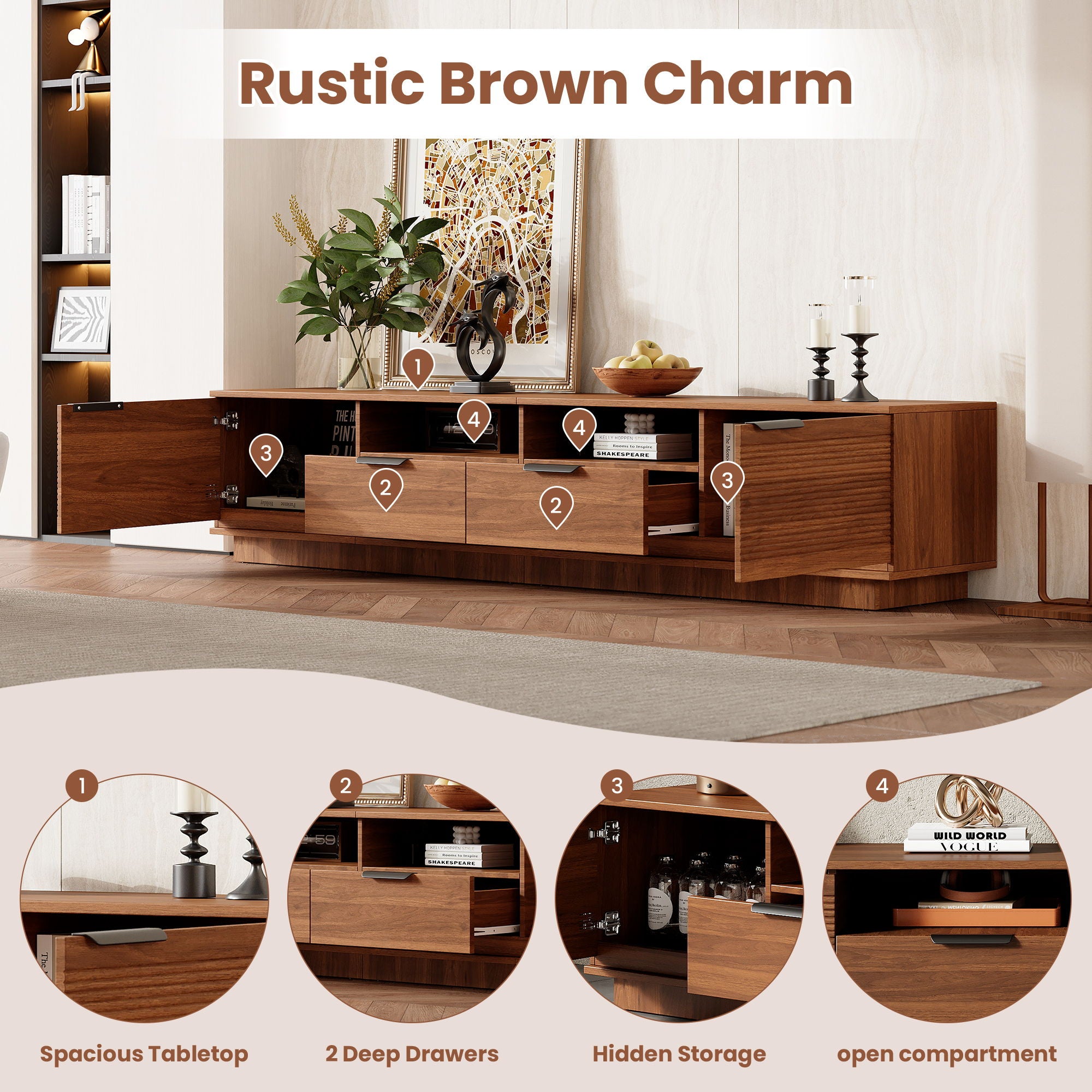 TV Stand, Entertainment Center With Deep Drawers, Cable Management & Soft Closing Hinges