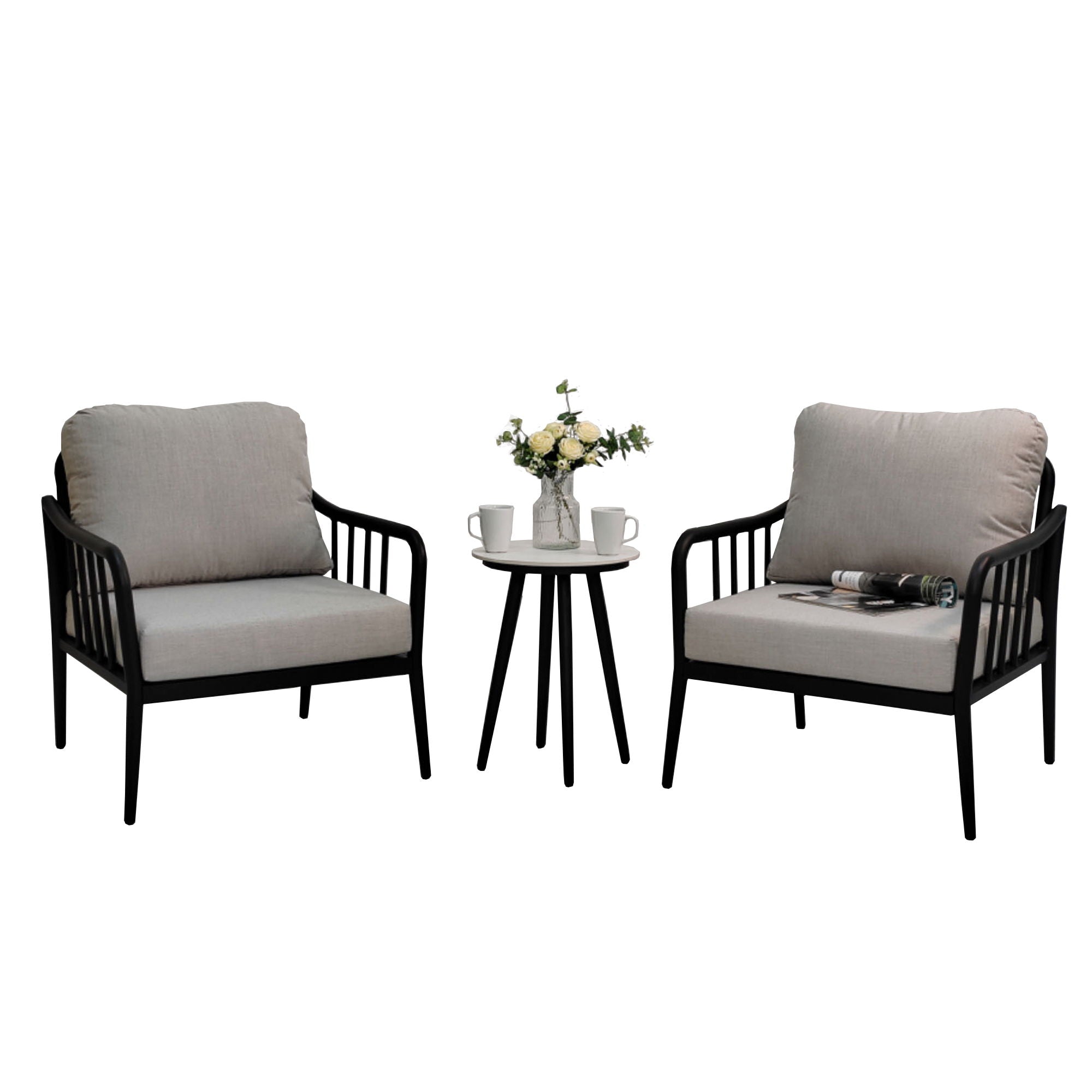 3 Piece Outdoor Patio Chaise Lounge Set, 2 Chaise & 1 End Table With Modern Tapered Feet, Pneumatic Adjustable Backrest For Effortless Reclining, Wheels, Sunbrella Cushion - Ember Black