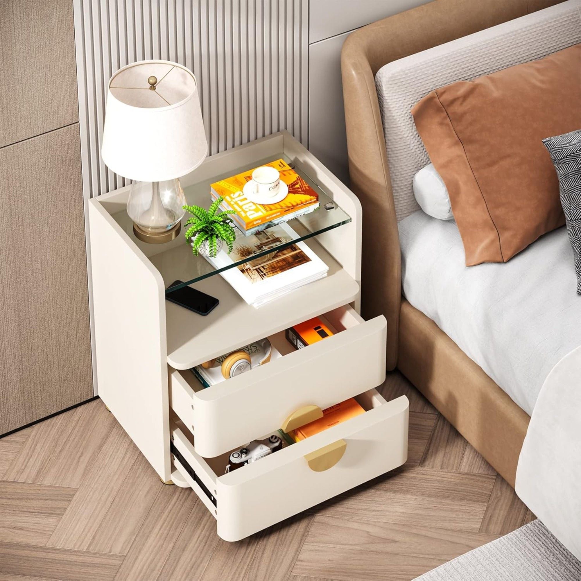 2 Drawer Nightstand With Open Shelf, Bedside Table - Beige