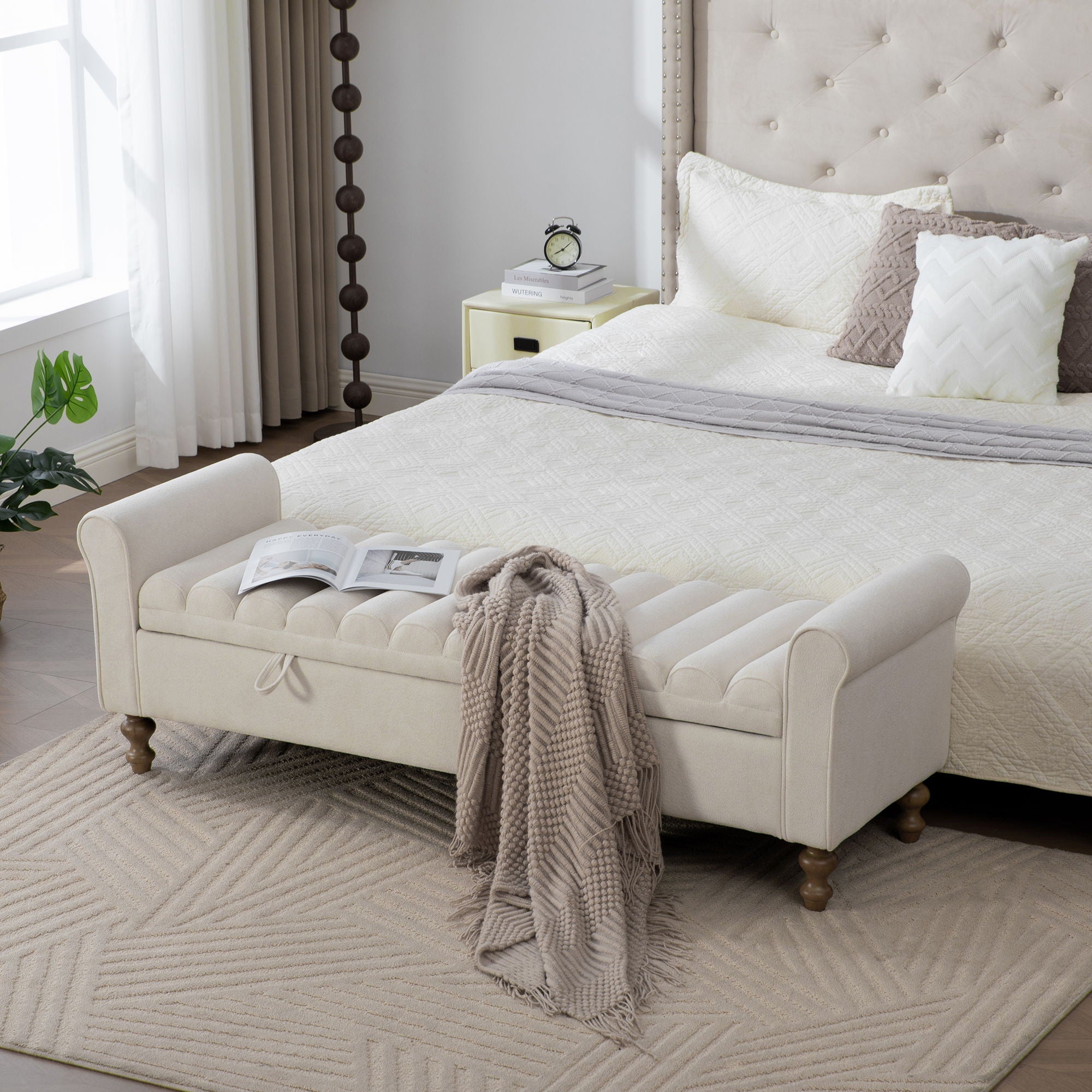 Wide Modern Upholstered Storage Bench With Rolled Armrest