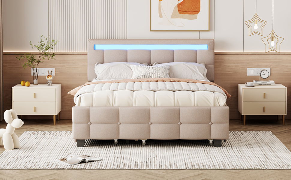 Upholstered Platform Bed With LED Frame, With Trundle And 2 Drawers