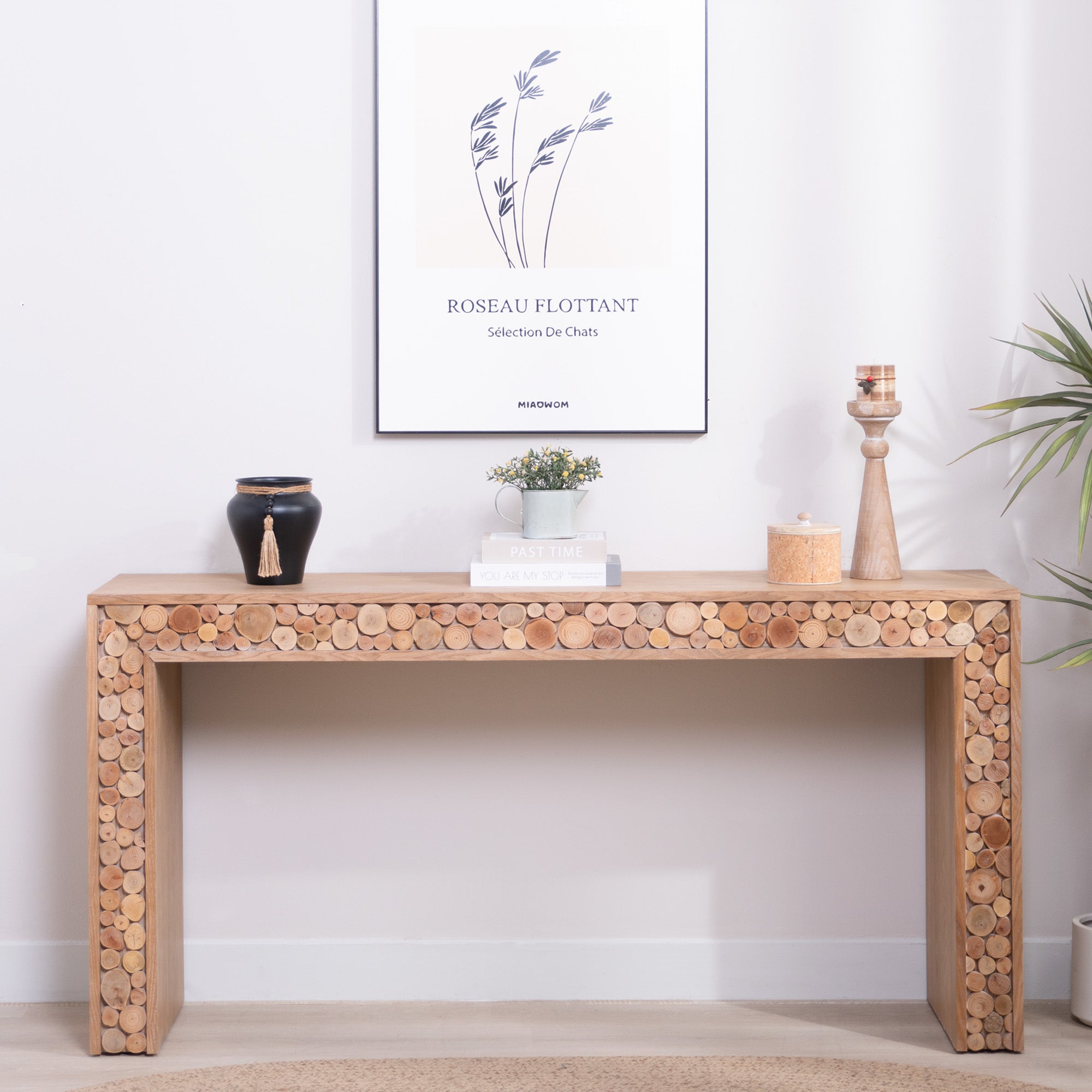 Rustic Wood Console Table with Natural Log Accents – 62 Entryway Table, Narrow Sofa Table, Hallway Accent Table – Modern Farmhouse Style