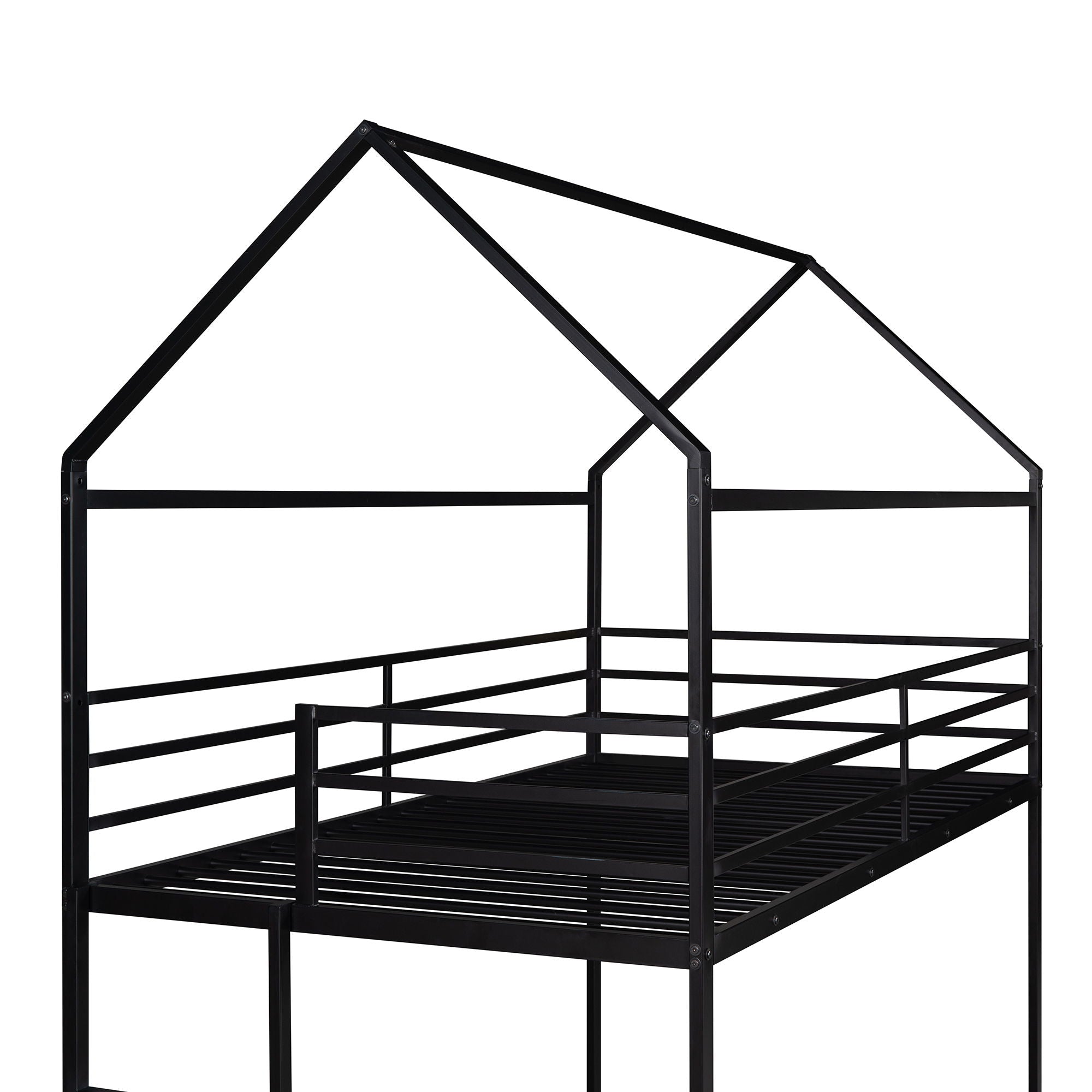 House Bunk Bed Metal Bed Frame Built-In Ladder, No Box Spring Needed