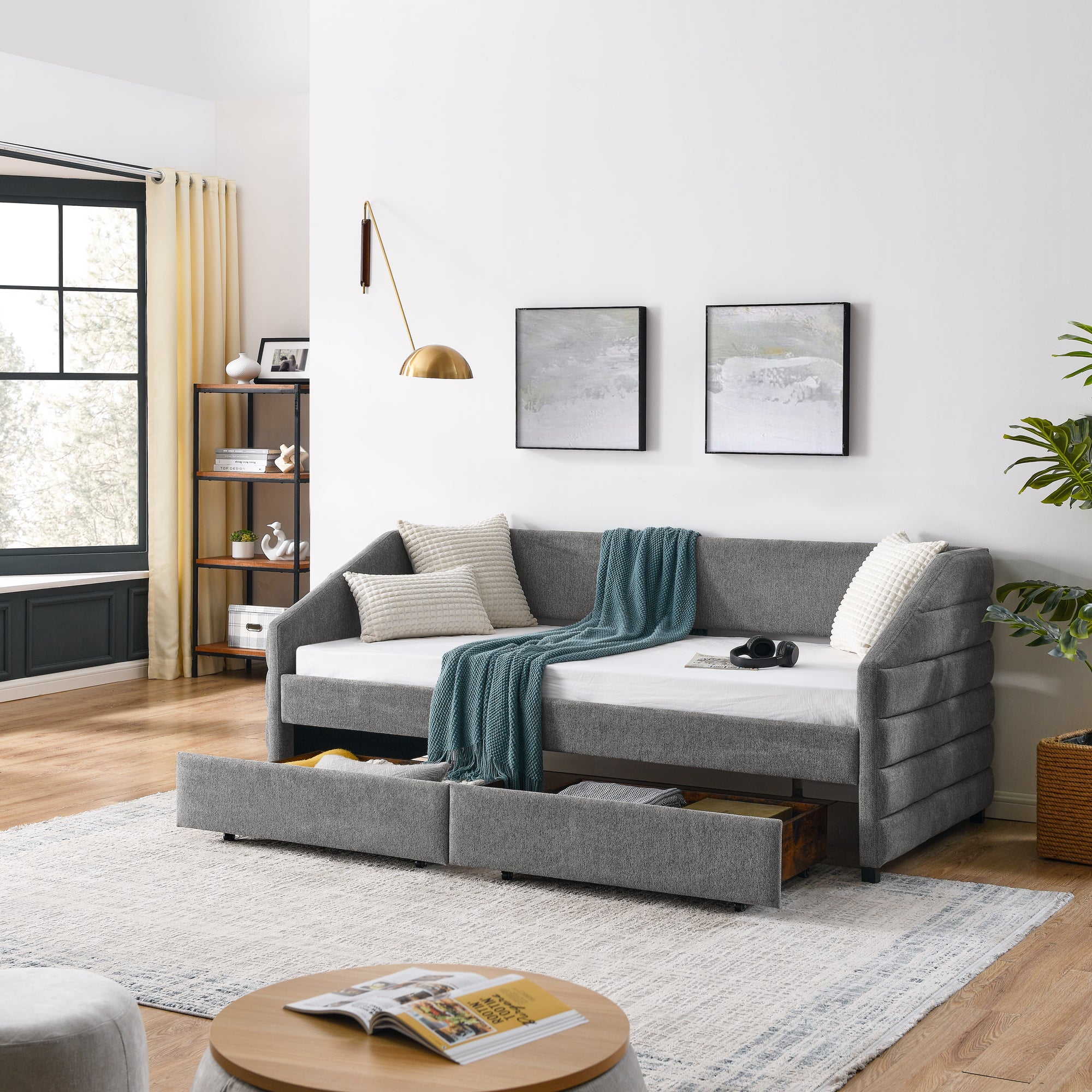 Twin Size Daybed with Two Drawers Trundle Upholstered Tufted Sofa Bed, Linen Fabric, Grey (82.5'x42.5'x34')
