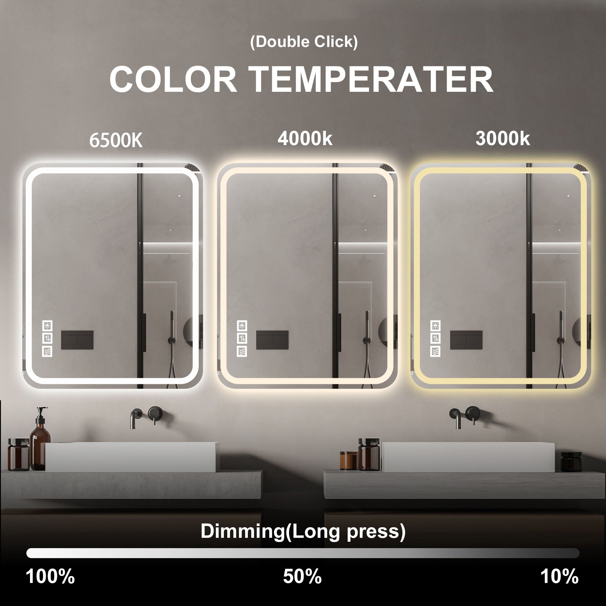 LED Bathroom Mirror, Anti Explosion Glass, Rust Resistant, Anti Fog, Tri Color