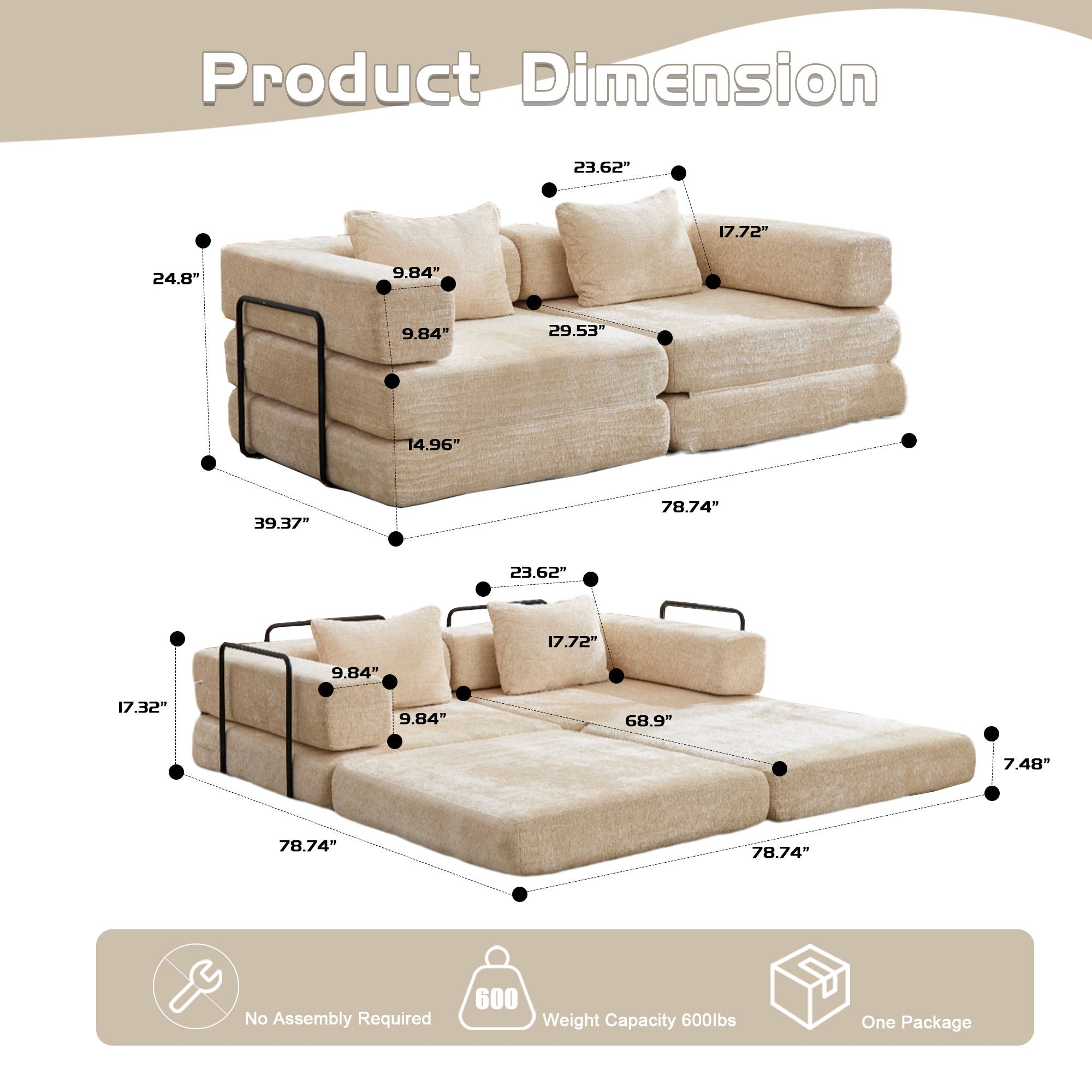 Convertible Floor Sofa Bed With Fixed Shape Frame, Loveseats Boneless Modular Sectional, For Living Room - Beige