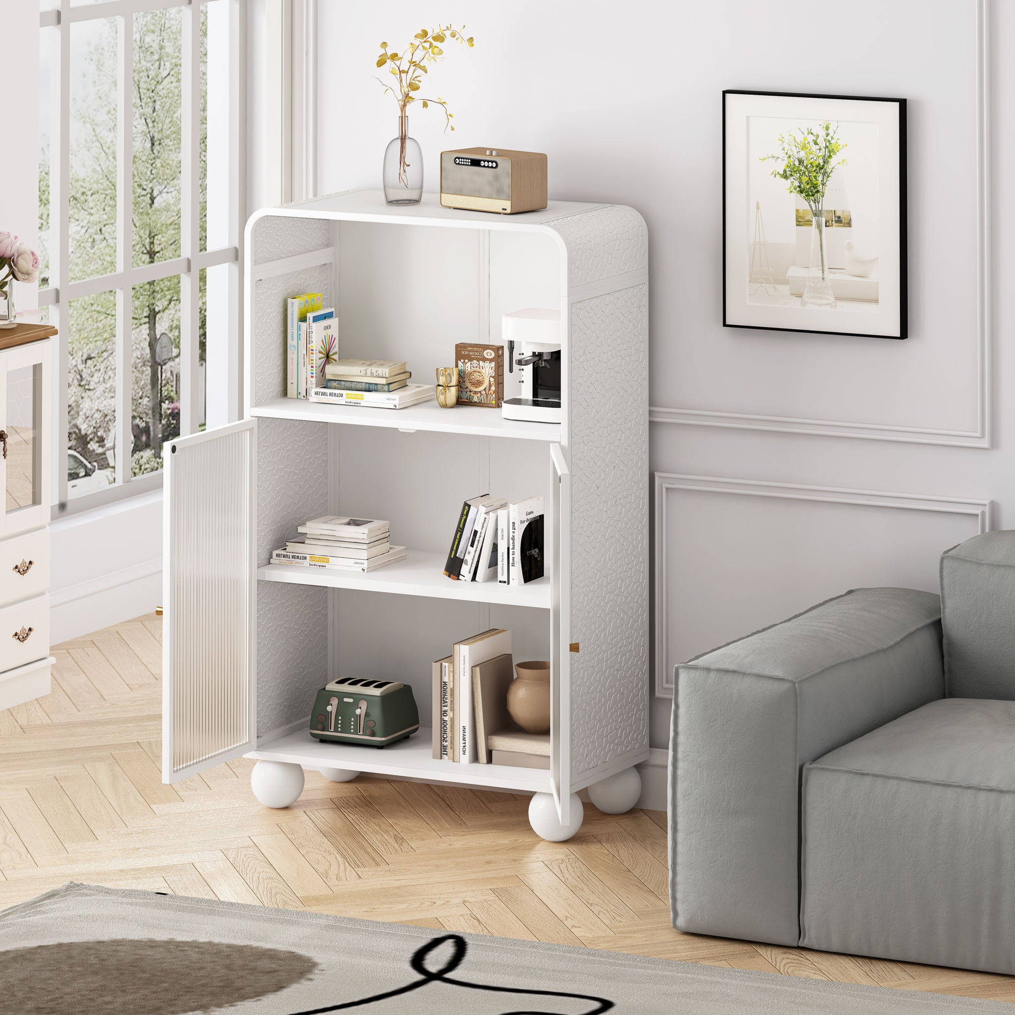 Storage Cabinet With Shelves And Glass Door, Freestanding Organizer For Bathroom - White