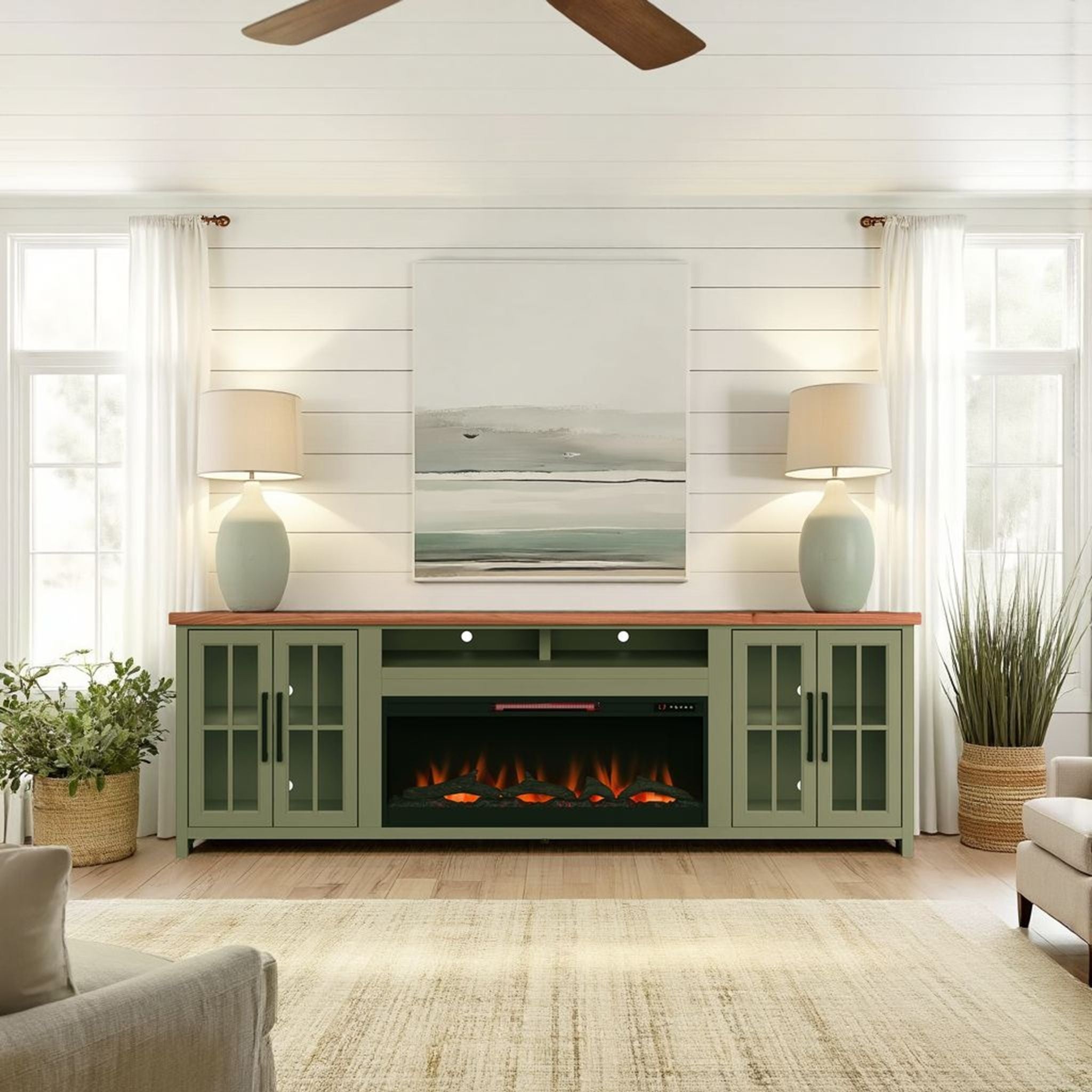 Vineyard - 97" Fireplace TV Stand Console For TVs Up To 100" - Sage Green And Fruitwood Finish