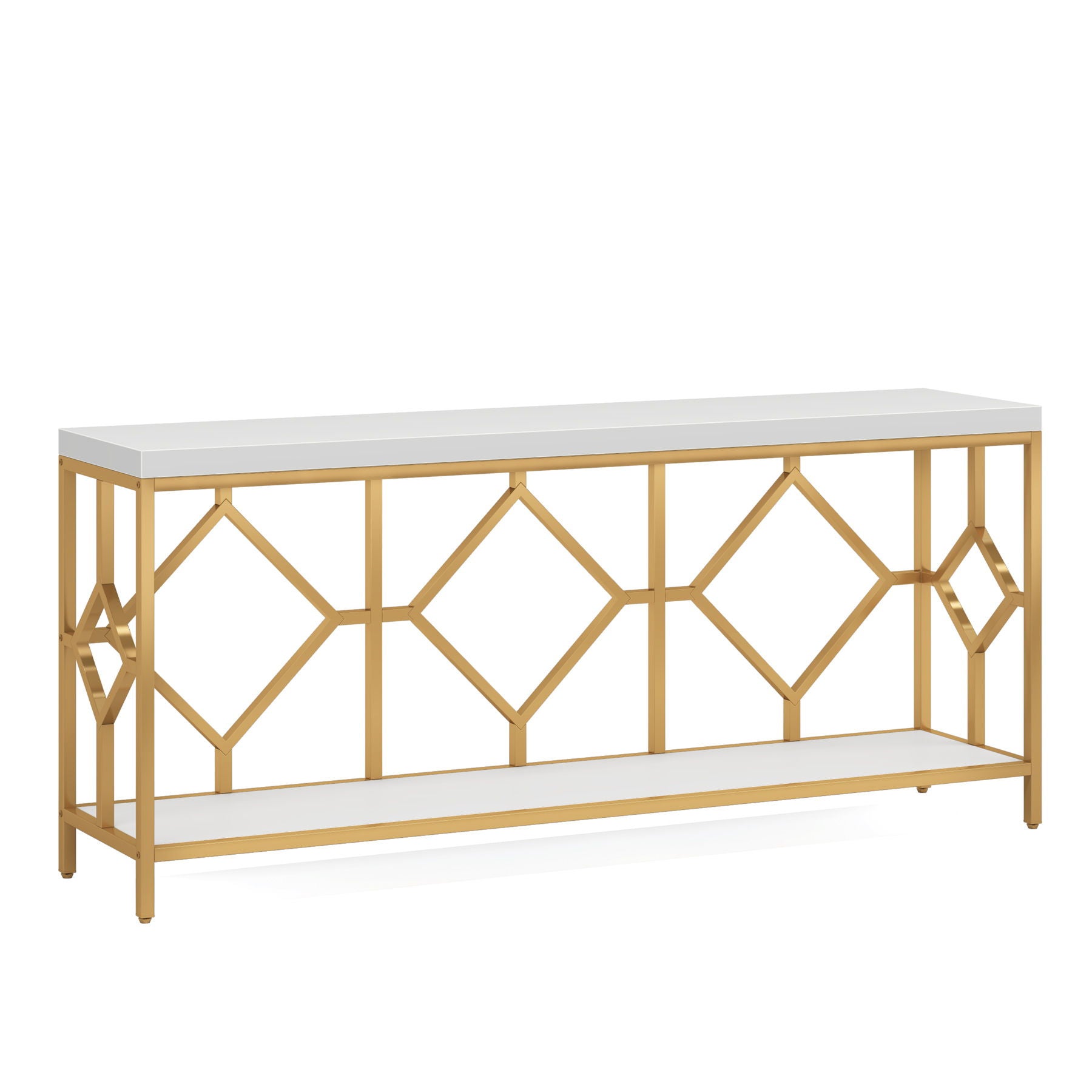Extra Long Sofa Table With Diamond Pattern Frame, 2 Tier Open Storage For Living Room - White / Gold