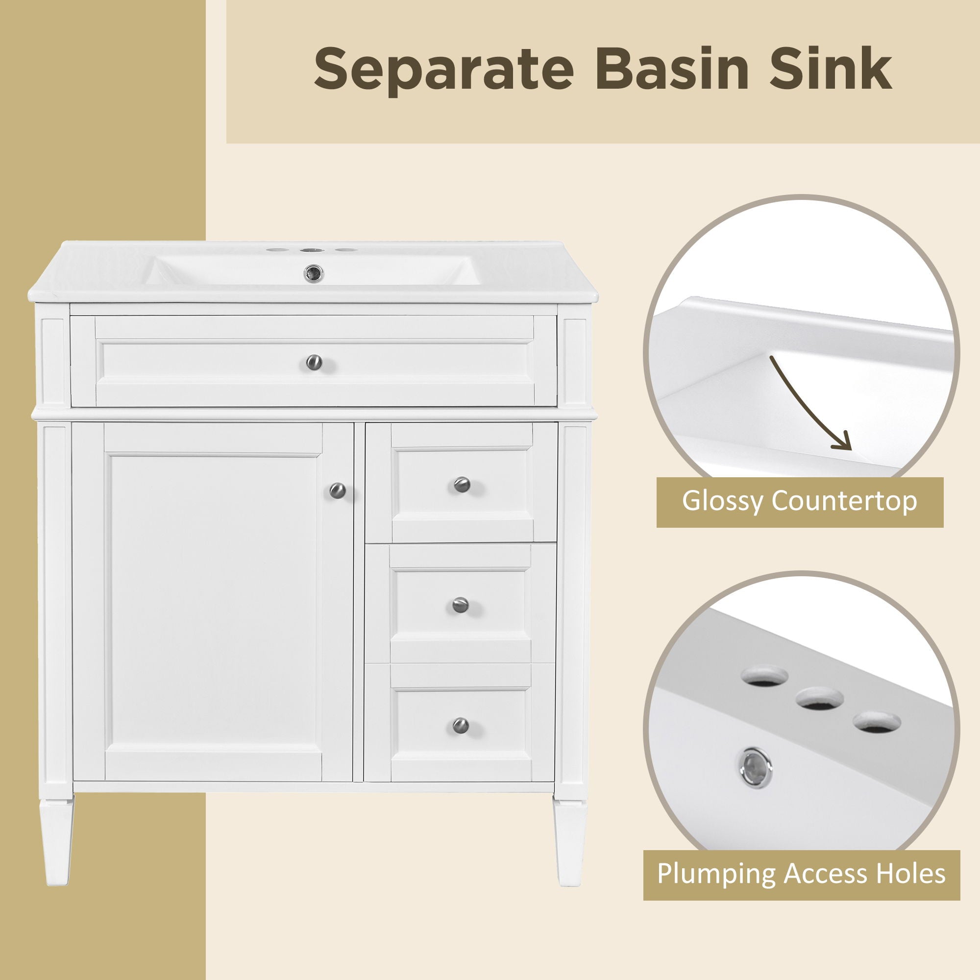 Bathroom Vanity With Top Sink, 2 Drawers & Tip Out Drawer