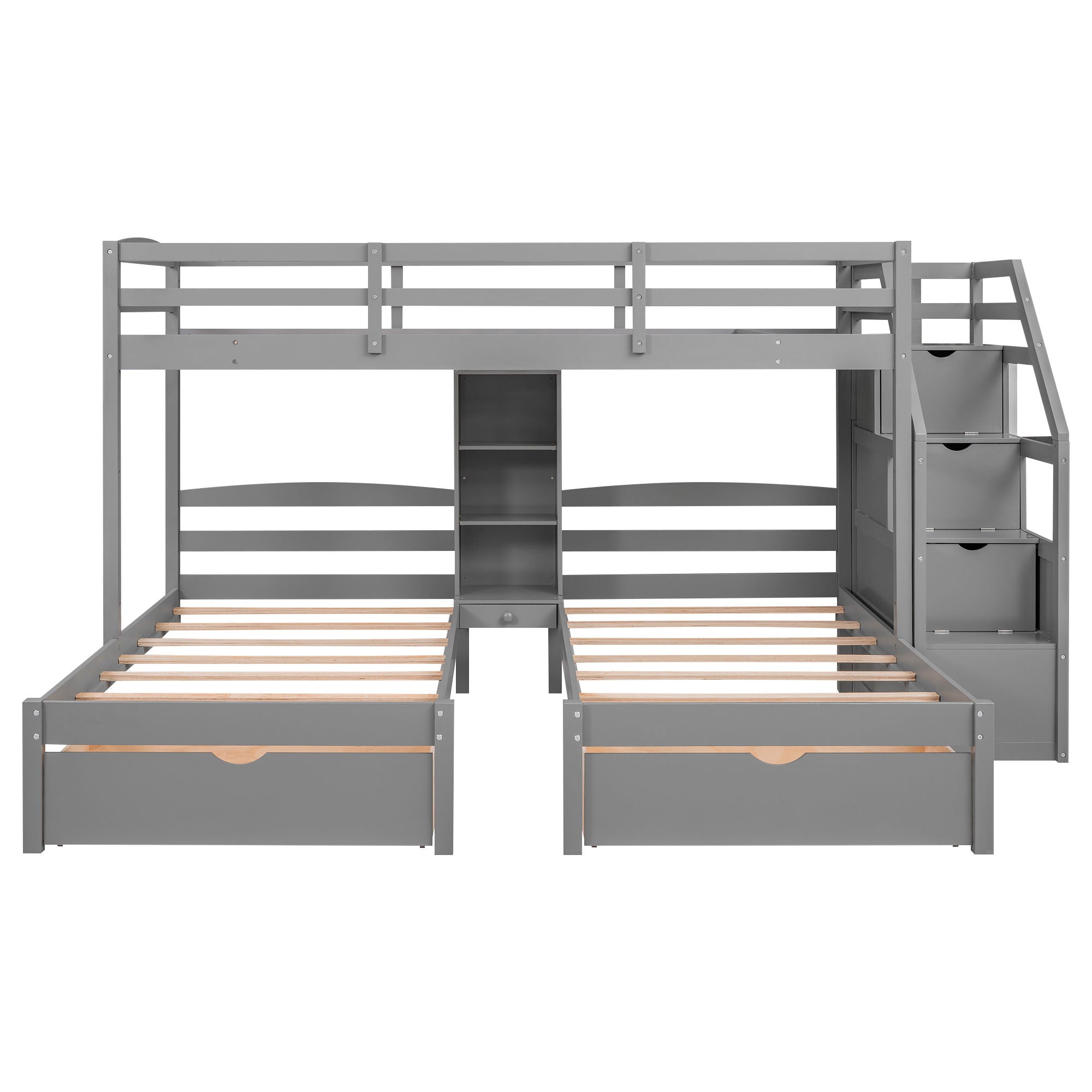 Twin Over Twin & Twin Bunk Bed With Drawers, Staircase Storage, Built In Shelves - Gray