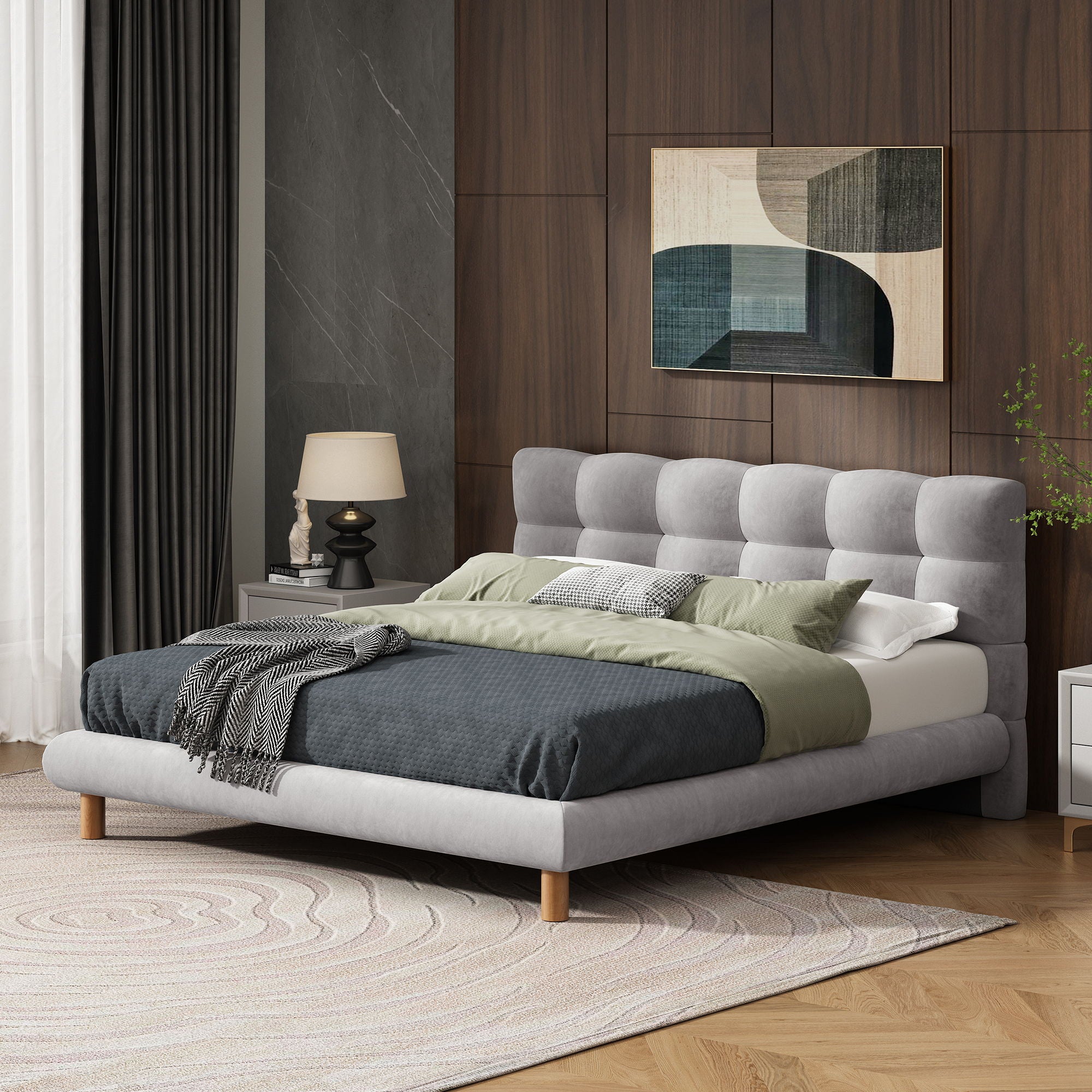 Upholstered Platform Bed Frame With Cookie Shaped Headboard