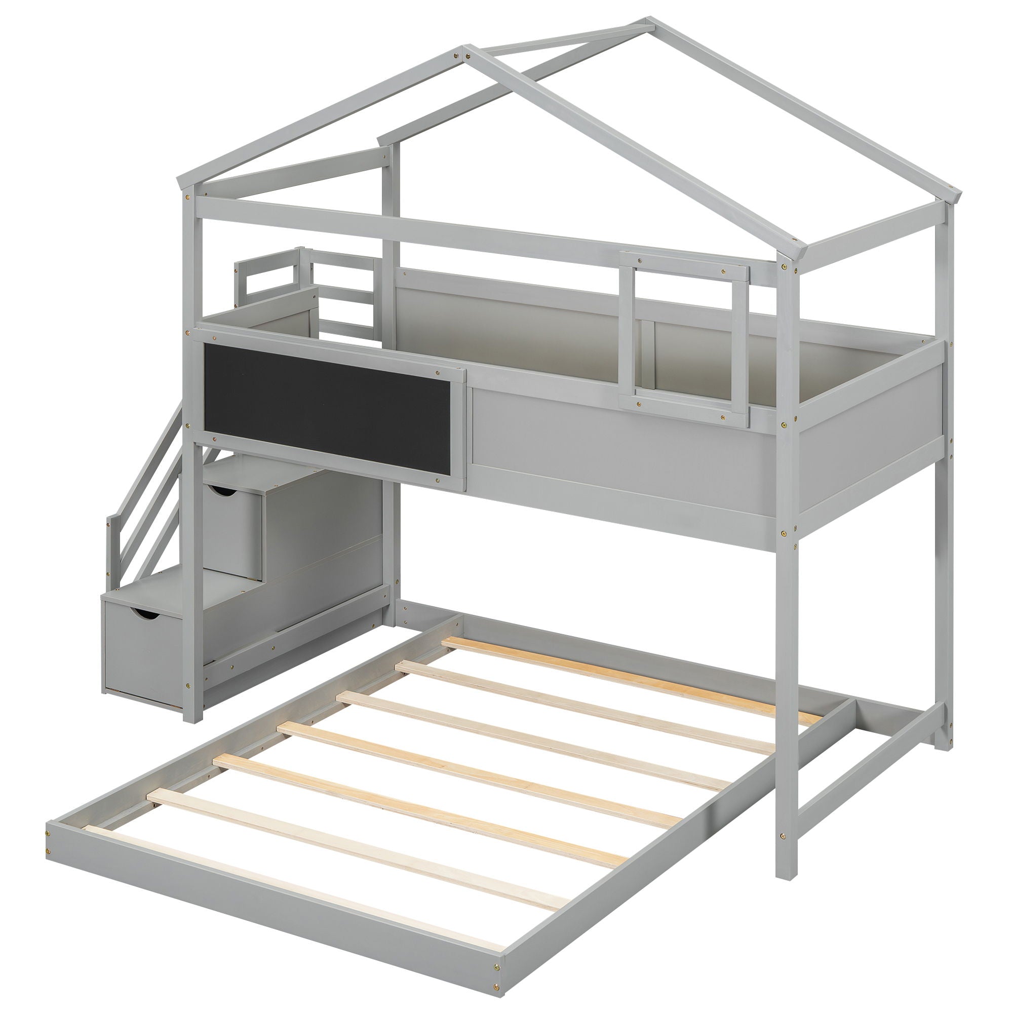 House Style Bunk Bed With Storage Staircase And Blackboard