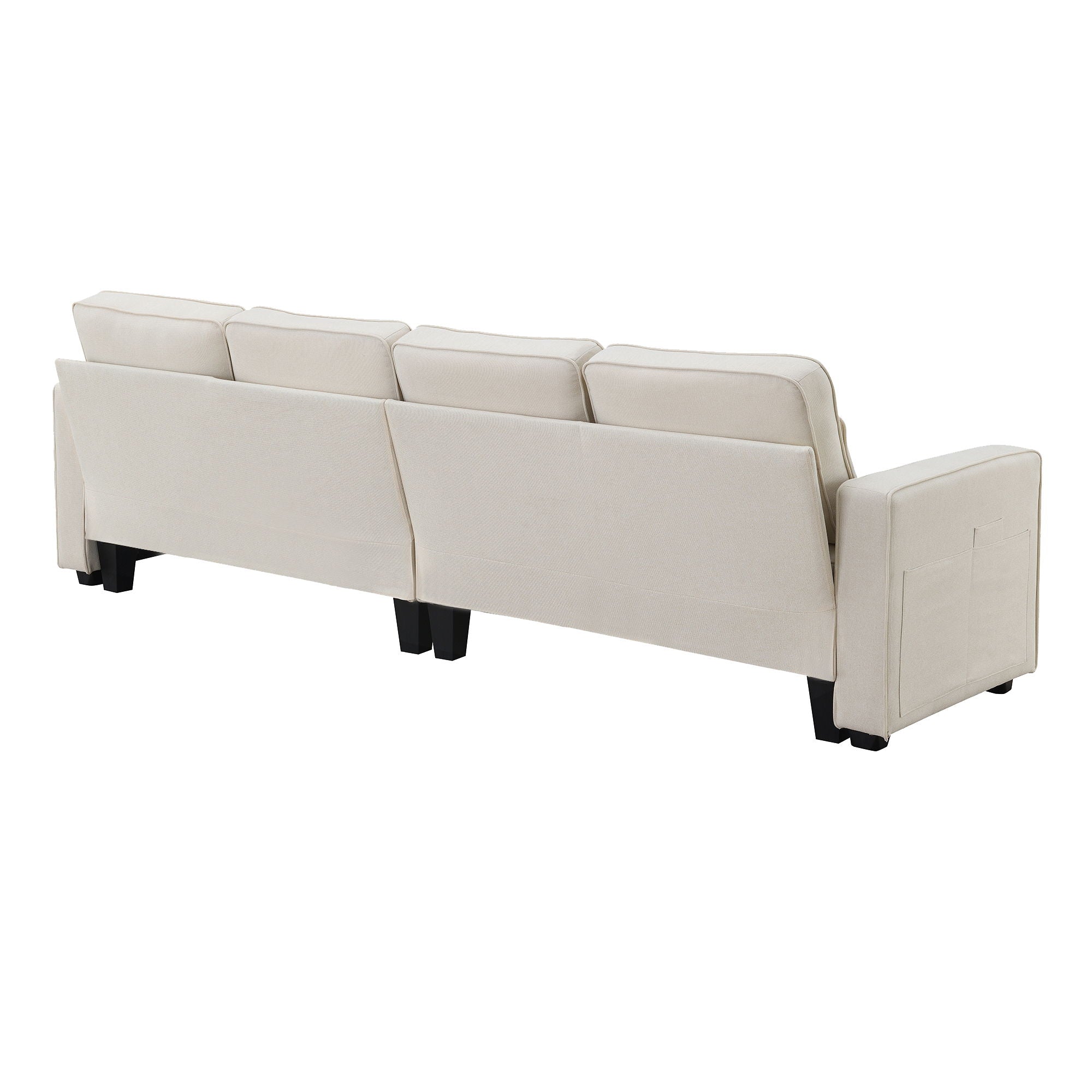 4 Seater Modern Linen Sofa With Armrest Pockets And 4 Pillows, Minimalist Style Couch For Living Room
