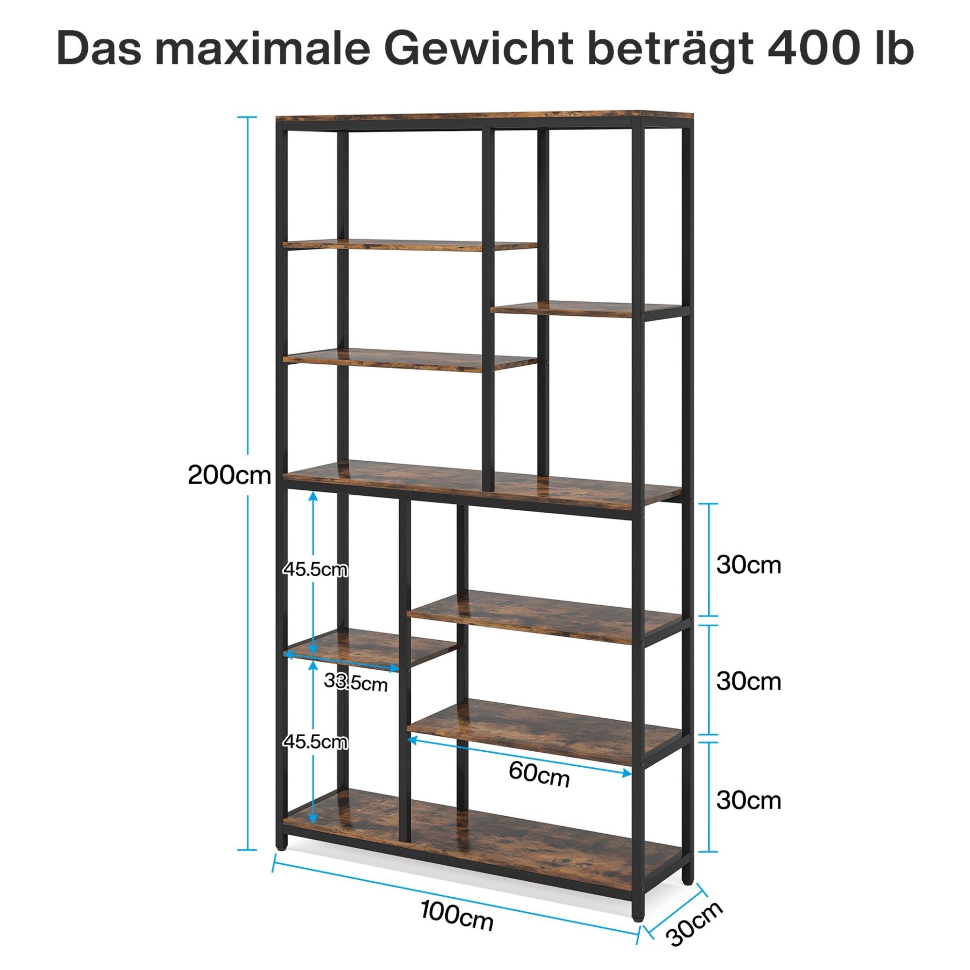 Extra Tall 8 Tier Staggered Etagere Bookcase With 8 Shelves Organizer For Living Room - Rustic Brown