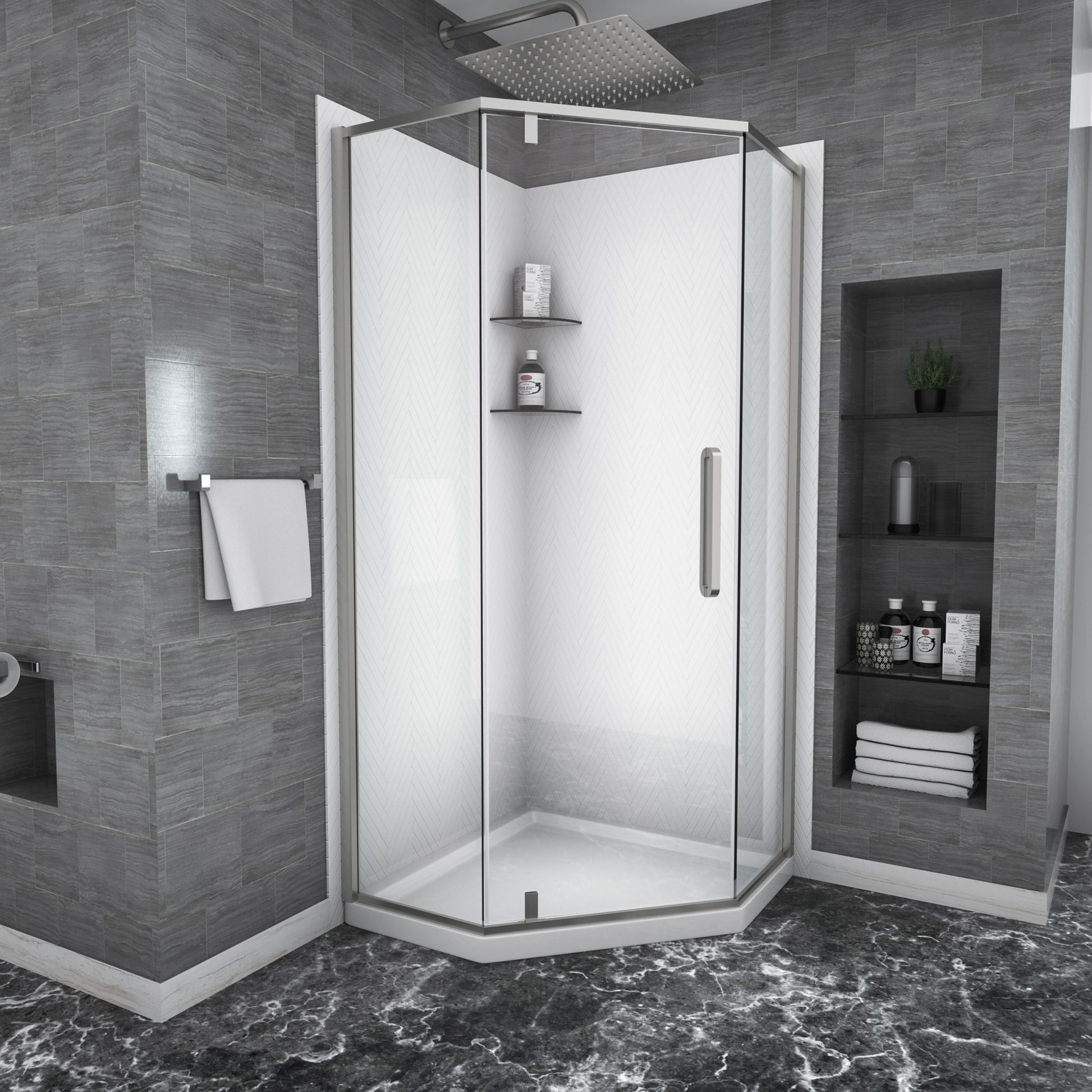 Semi Frameless Neo Angle Hinged Shower Enclosure With Clear Tempered Glass - Brushed Nickel - Best Buy Furniture