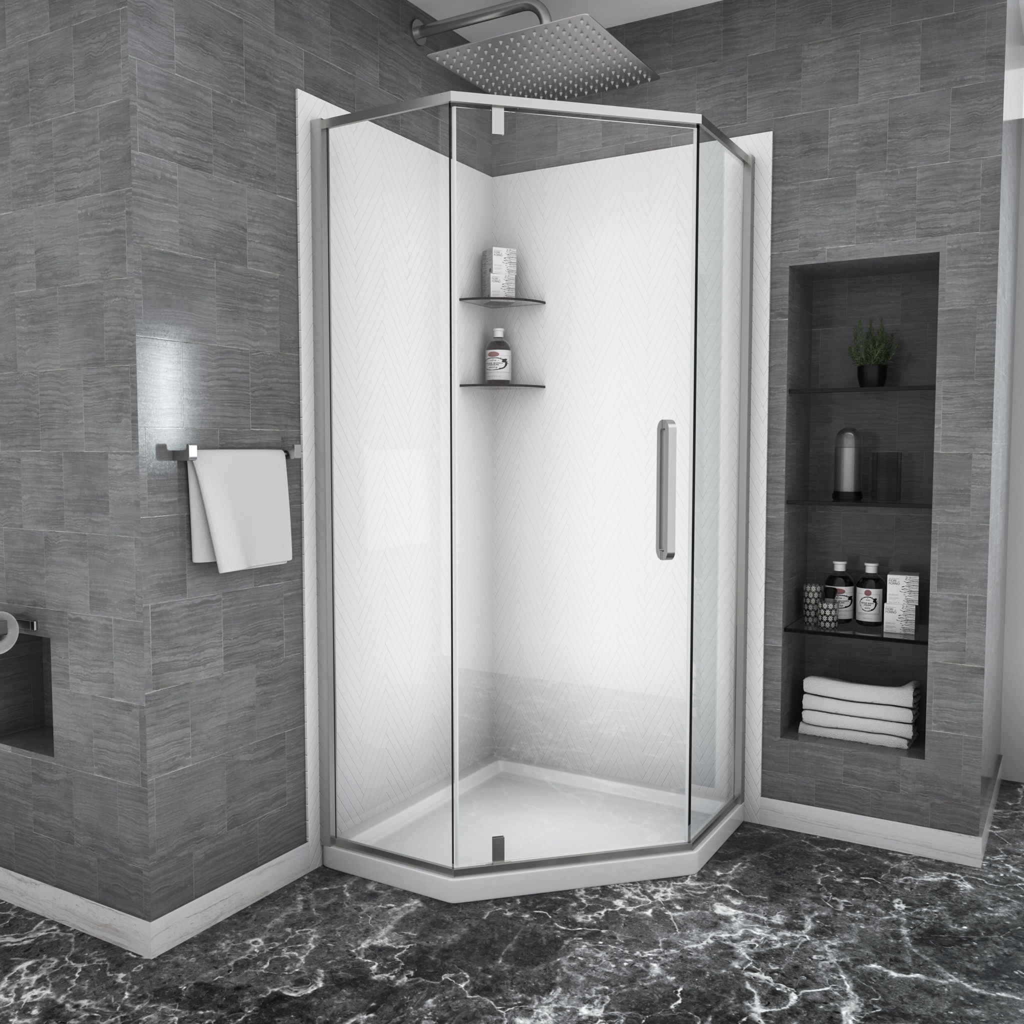 Semi Frameless Neo Angle Hinged Shower Enclosure With Clear Tempered Glass - Brushed Nickel - Best Buy Furniture