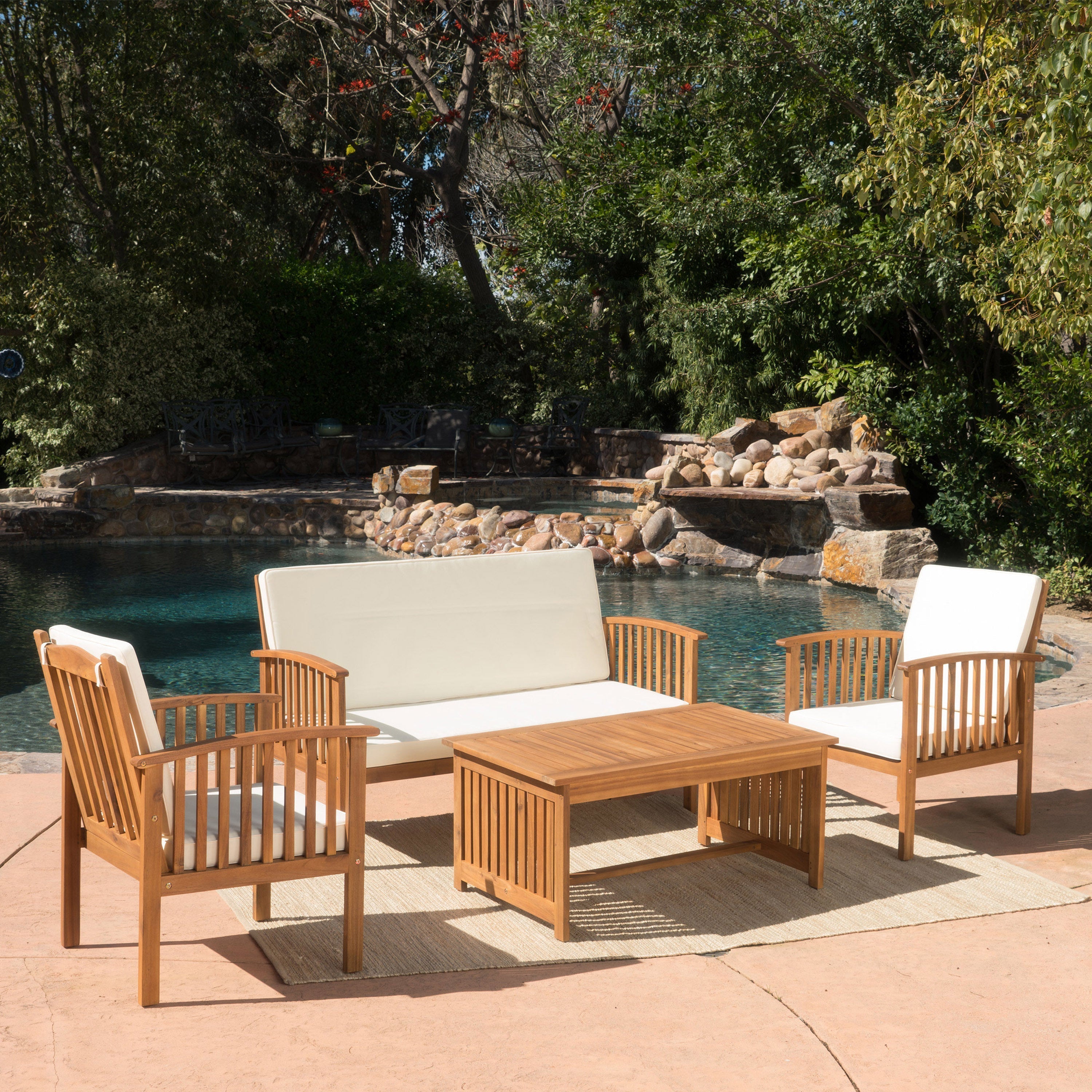Acacia Wood Outdoor Chat Set with Water-Resistant Cushions in Brown, 4PC