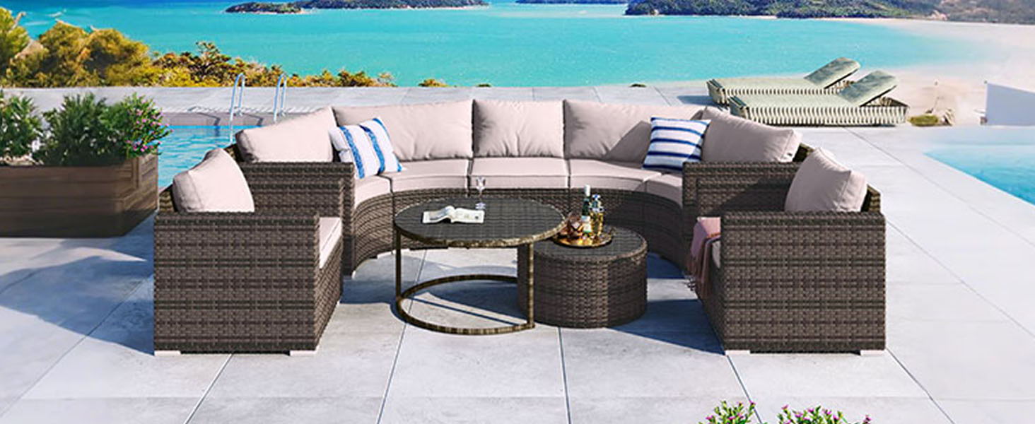 9 Pieces Outdoor Half-Moon Patio Sofa Set, Round Sofa Set, Modern Style Sofa - Brown / Beige