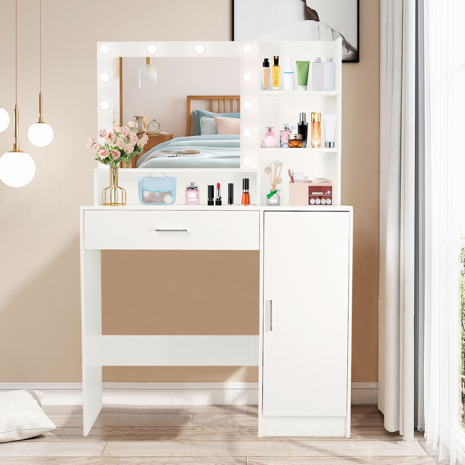 Vanity Desk With Mirror And Adjustable LED Lights, 3 Lighting Modes, Drawer And Storage Cabinet - White