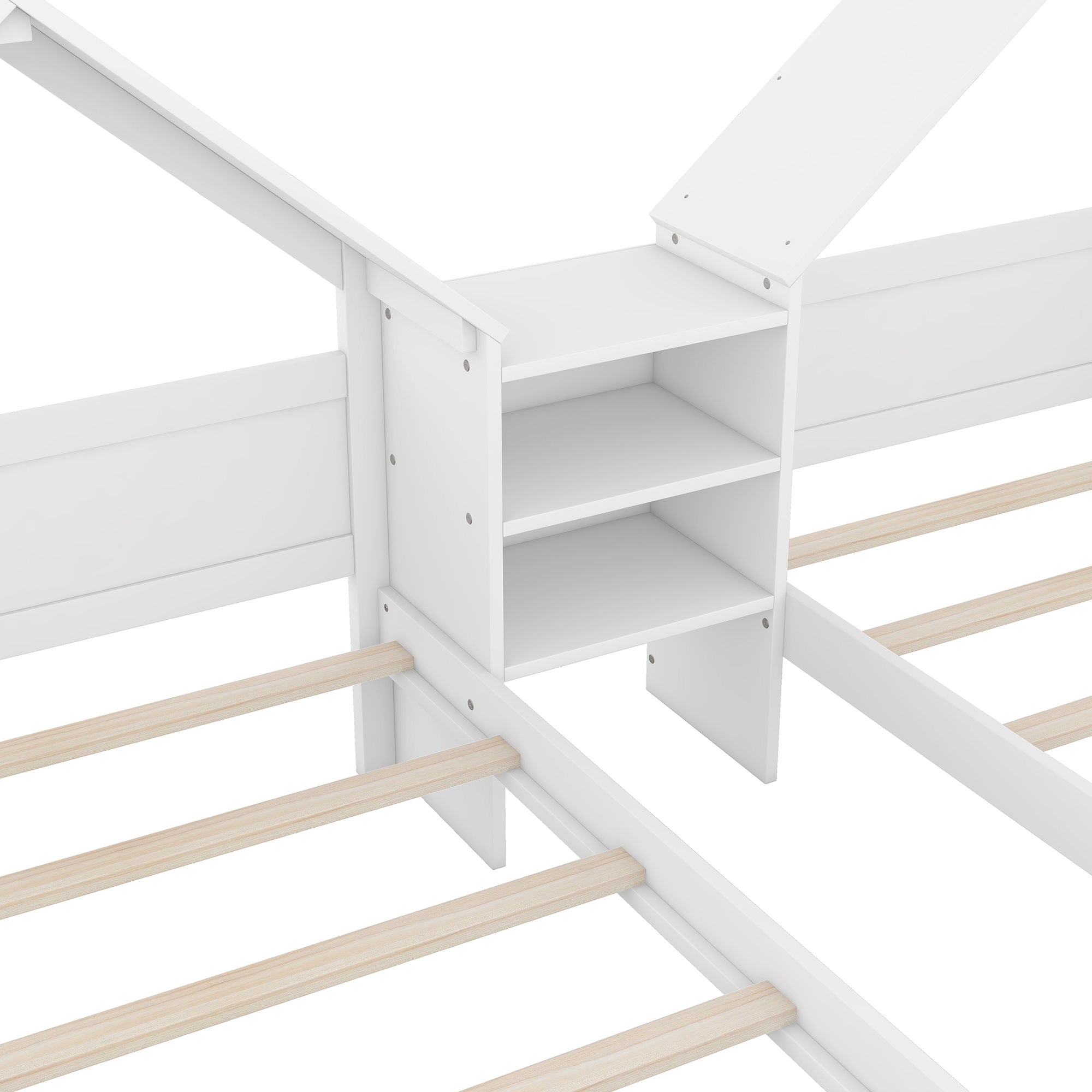 Double Platform Bed With House Shaped Headboard And Built In Nightstand