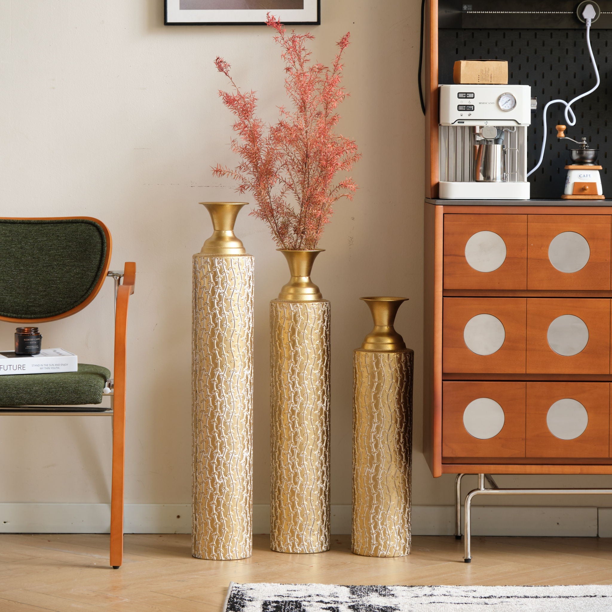 Metal Decorative Vases High Distress Metal Center Vases With Growing Vine Patterns, (Set of 3) Vases For Home Decoration - Gold - Best Buy Furniture