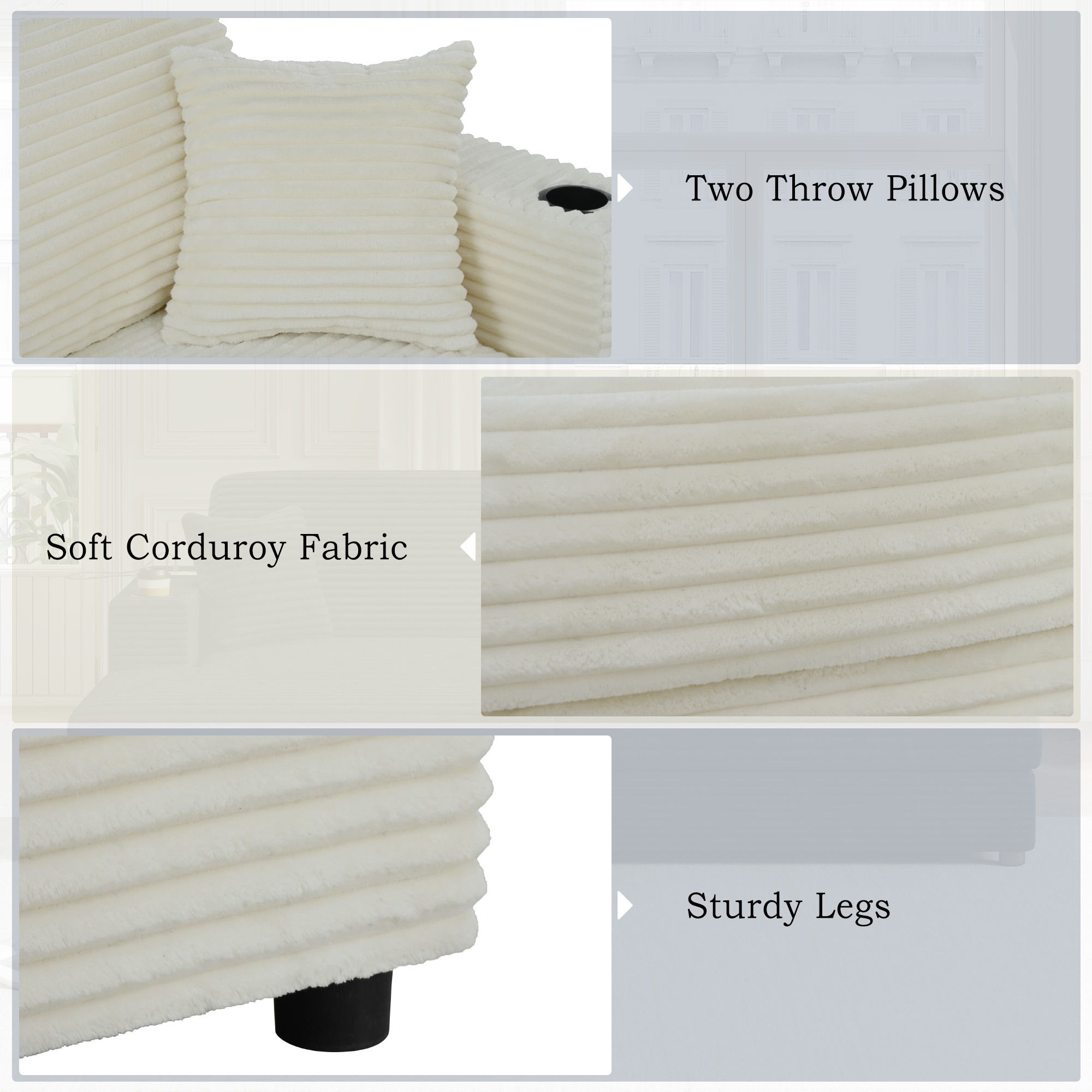Oversized Loveseat Chaise With 2 USB Ports, 2 Cup Holders And 2 Throw Pillows