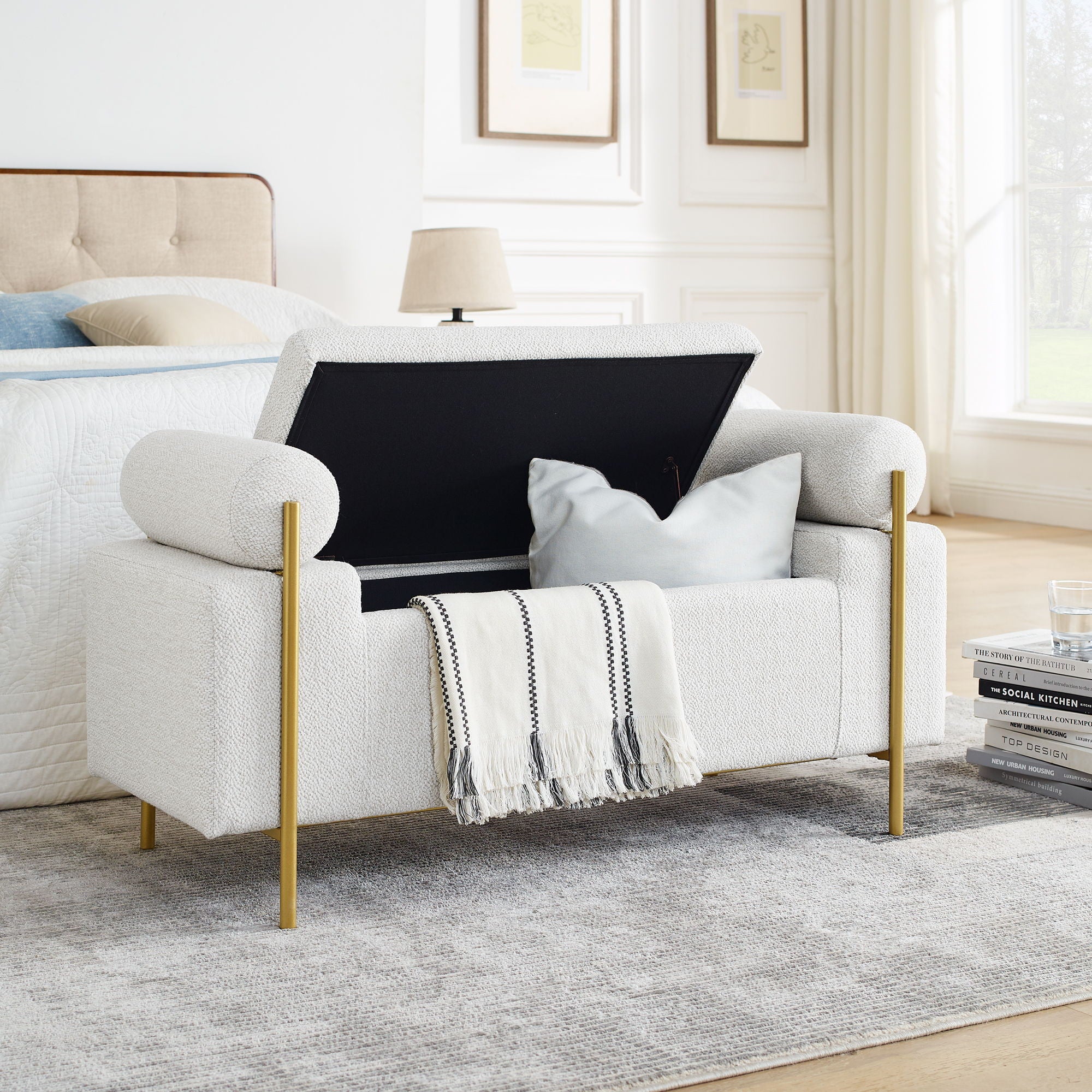 Elegant Upholstered Linen Storage Bench With Cylindrical Arms And Iron Legs, White