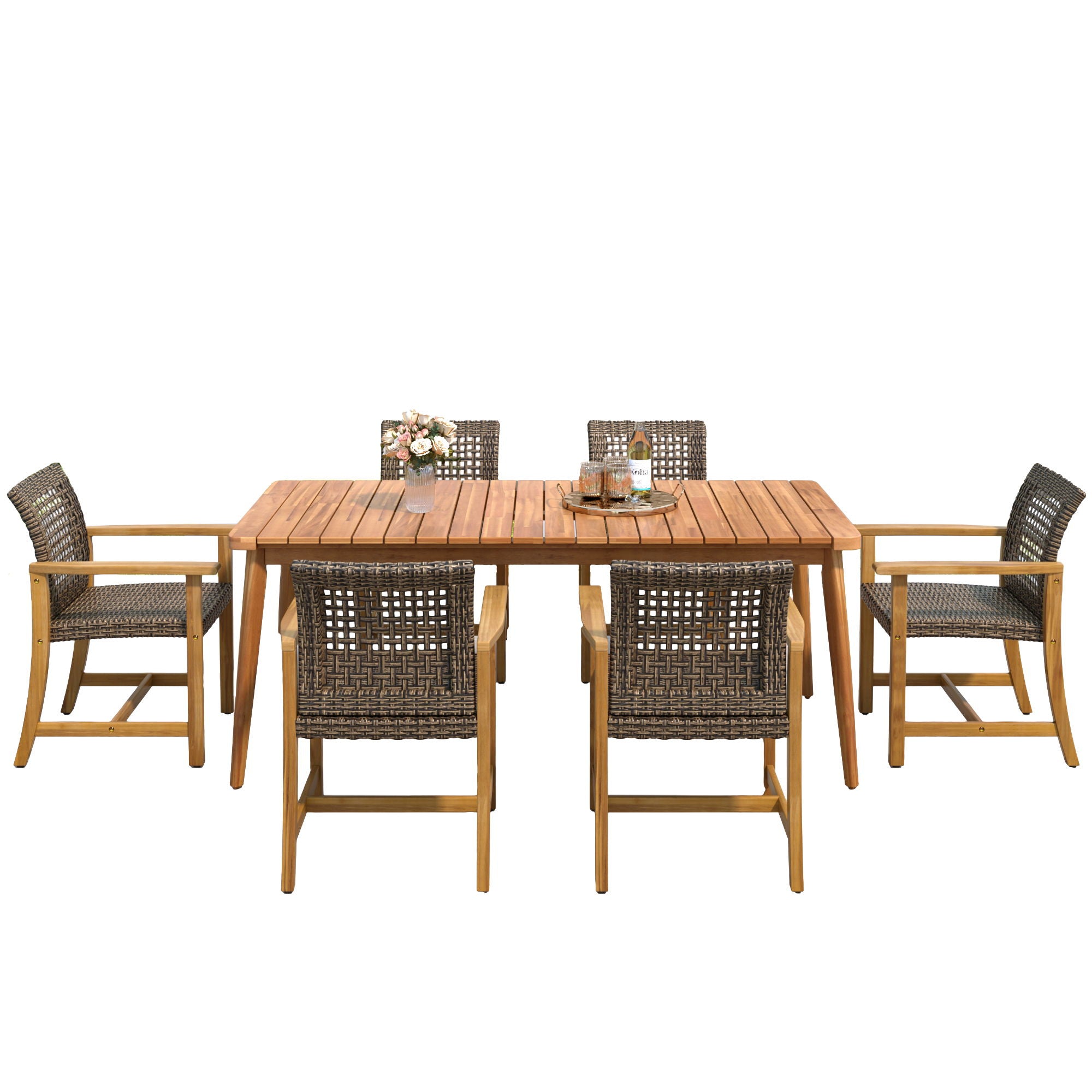 7 Piece Patio Dining Set, Slatted Table & 6 Chairs For Patio Garden - Mocha / Teak