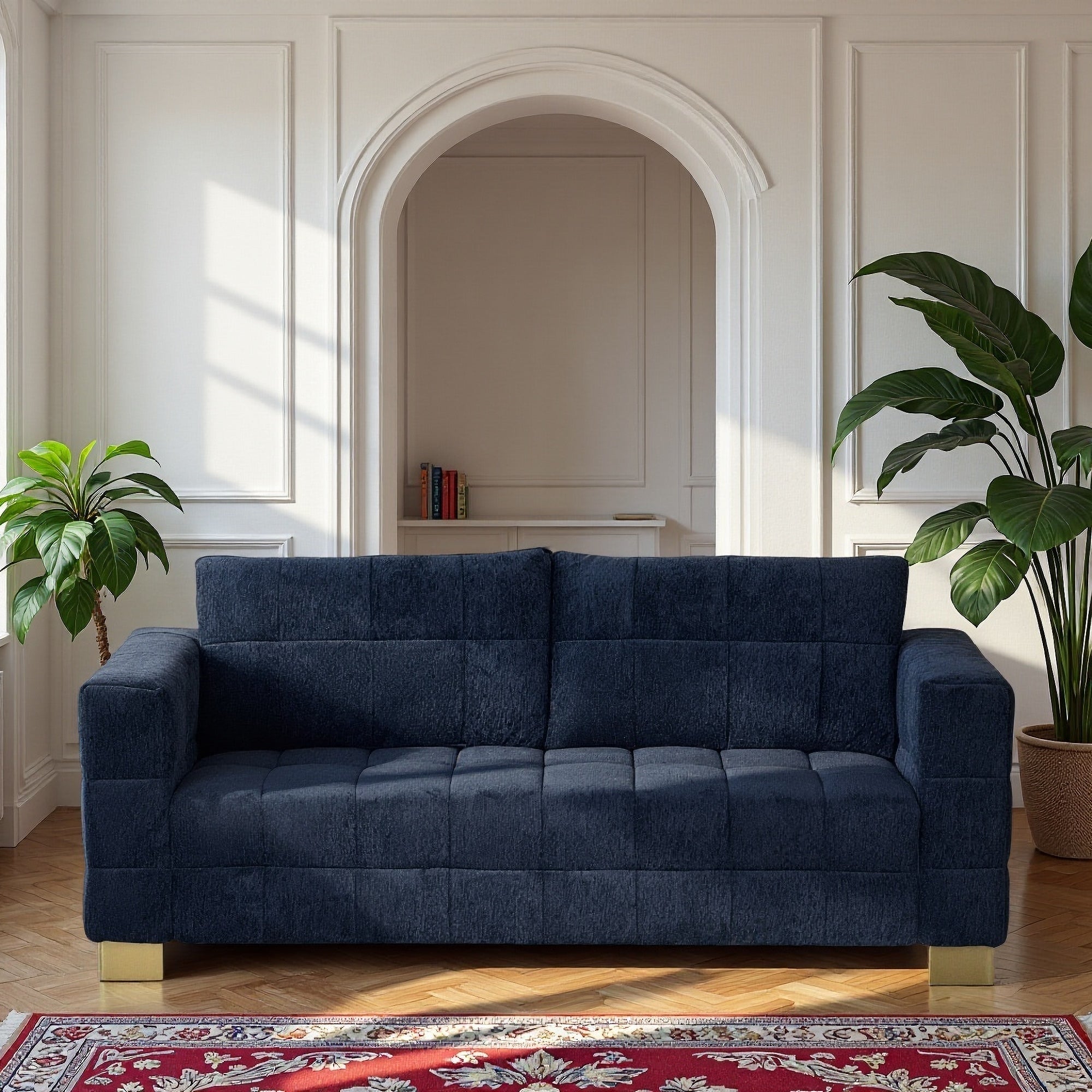 Retro Blue Chenille Upholstered 3-Seater Couch with Stainless-Steel Legs