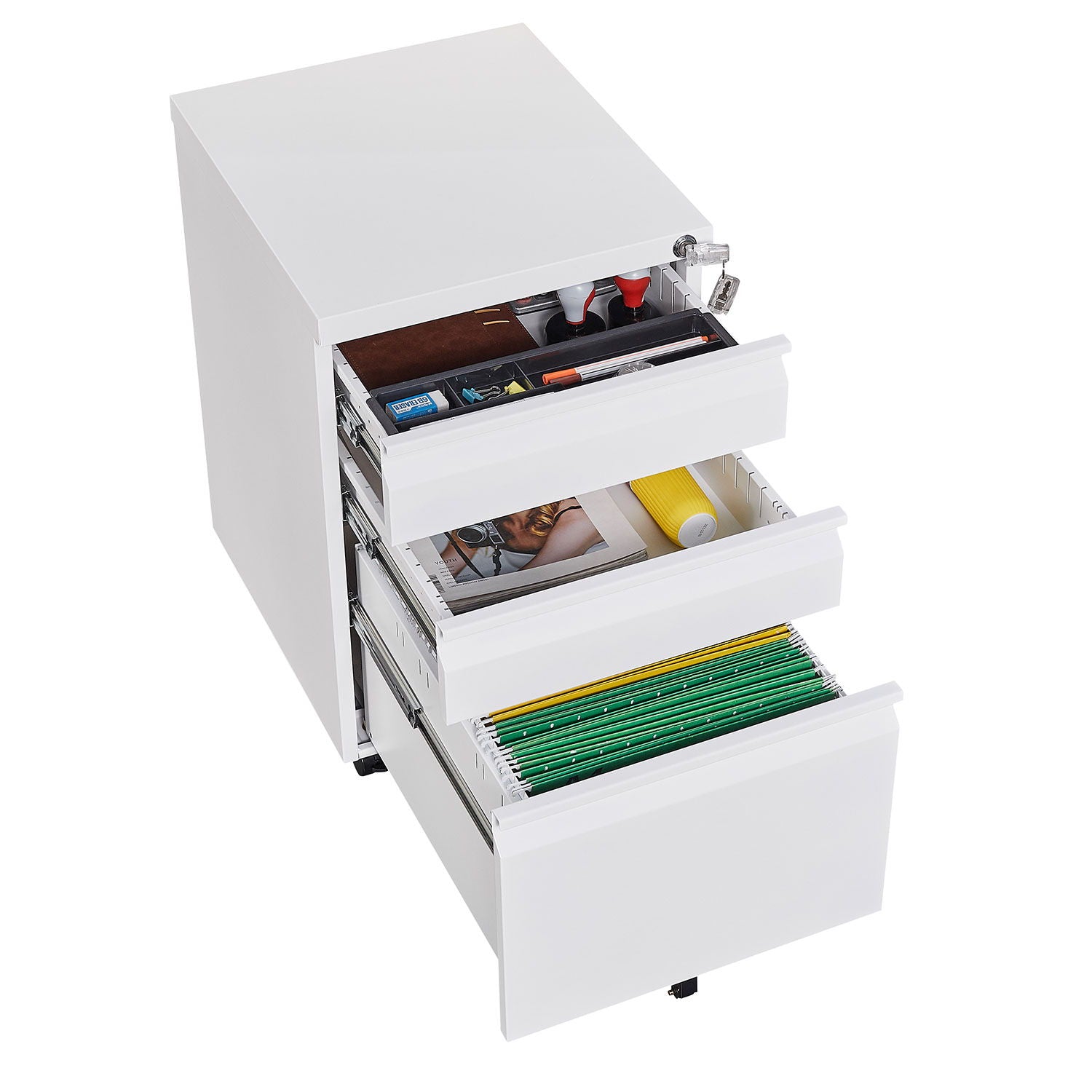 Contemporary Black 3 Drawer Mobile Filing Cabinet With Lock, Metal Office Storage For Legal / Letter Size