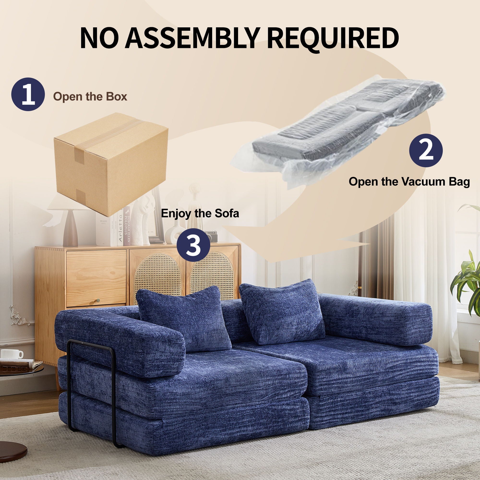 Convertible Floor Sofa Bed With Fixed Shape Frame, Loveseats Boneless Modular Sectional, For Living Room - Dark Blue