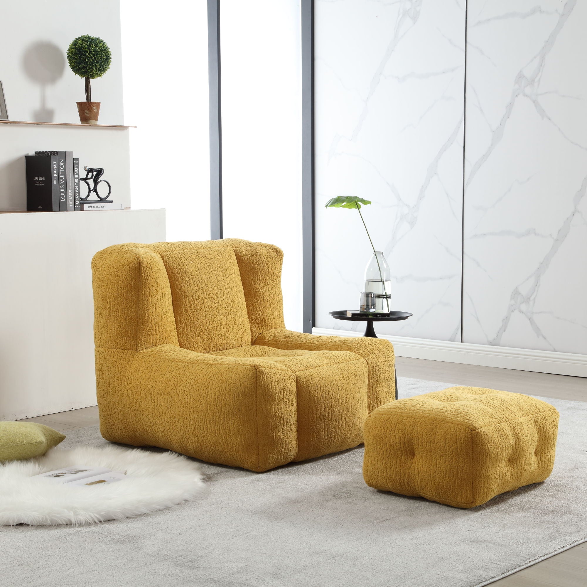 Modern Indoor Fluffy Bean Bag Chair With Memory Foam And Ottoman, Super Soft