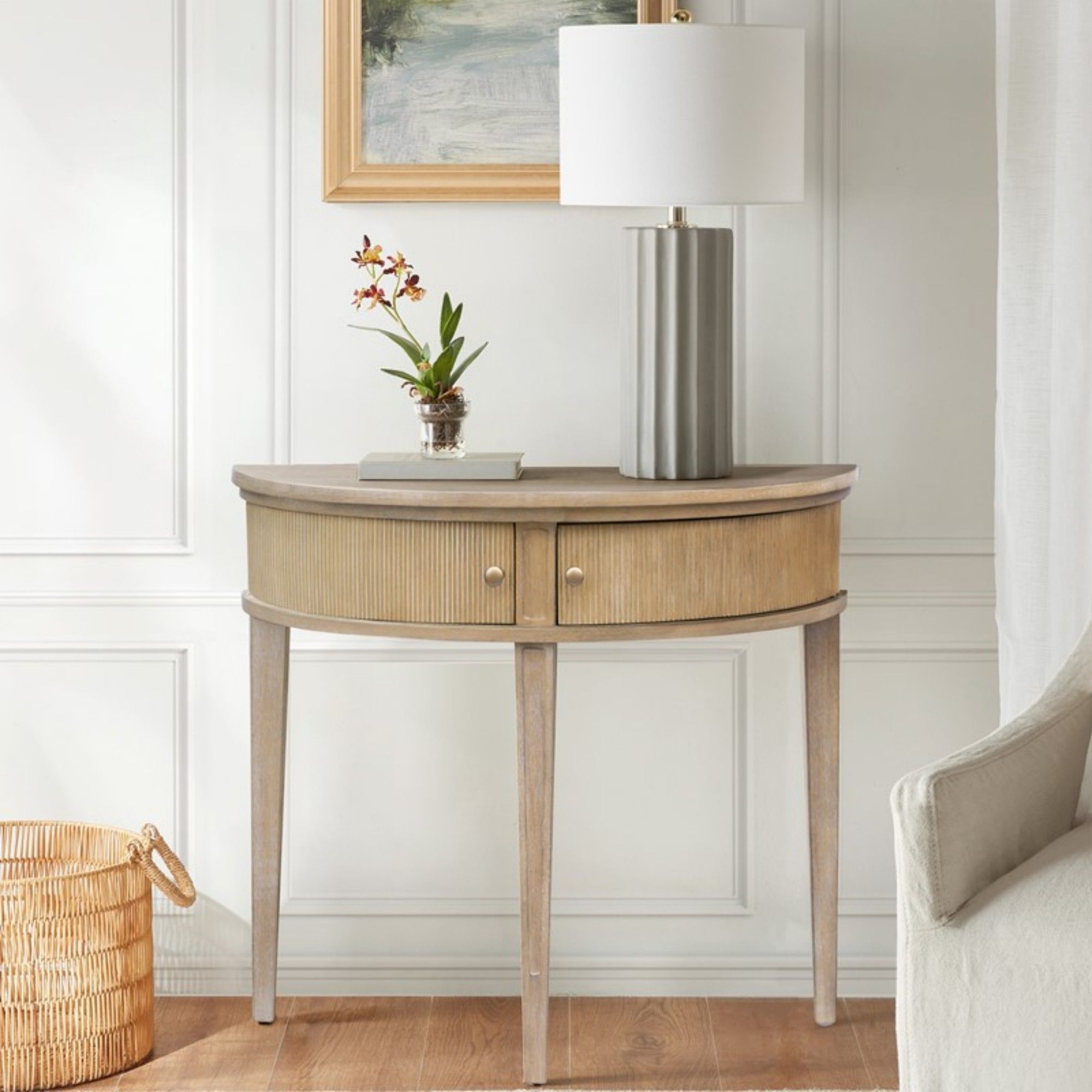 Vintage Inspired Storage Console Table With Fluted Doors - Reclaimed Wheat