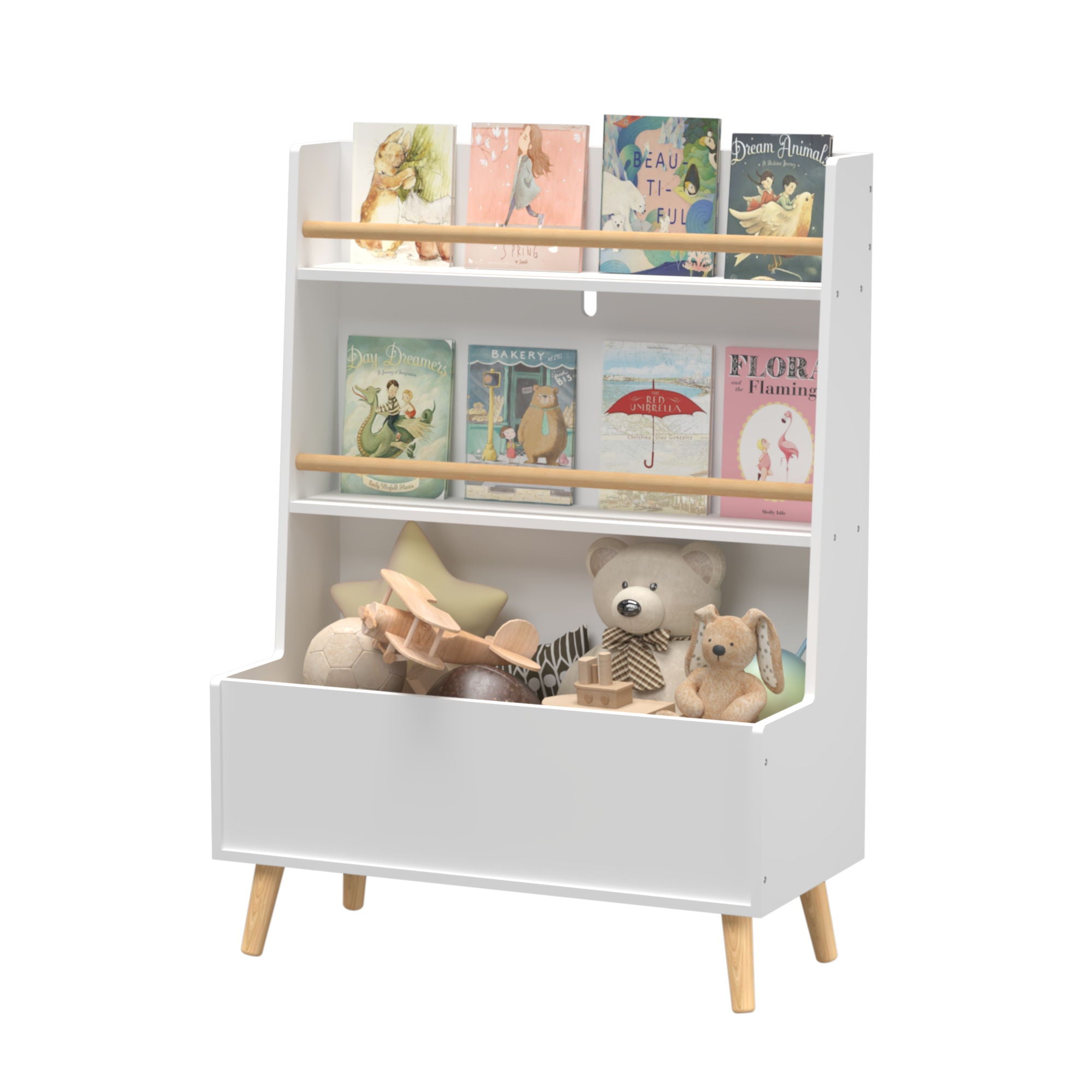Bookshelf , Book Organizer With Toy Storage - White