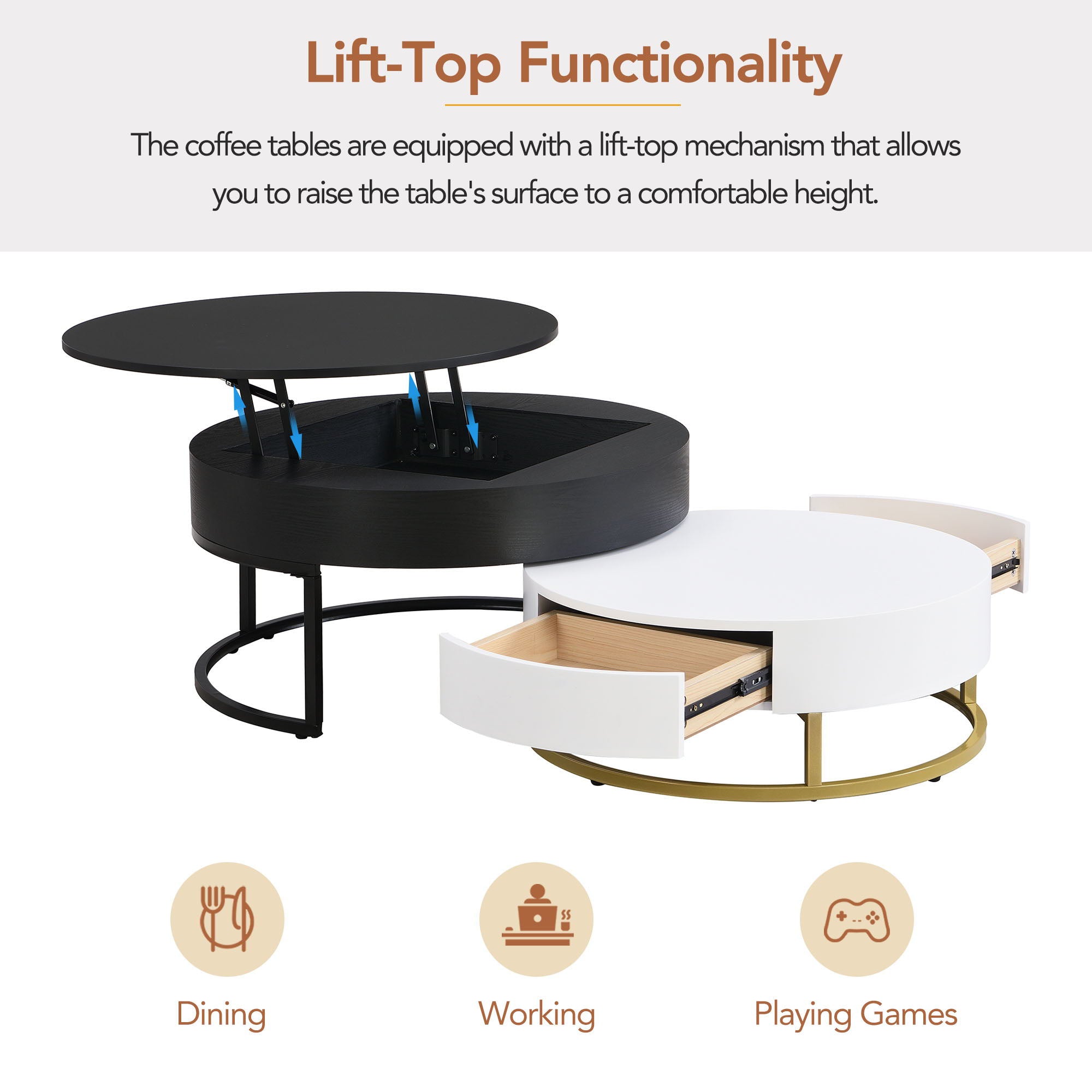 Modern Round Lift-Top Nesting Coffee Tables With 2 Drawers