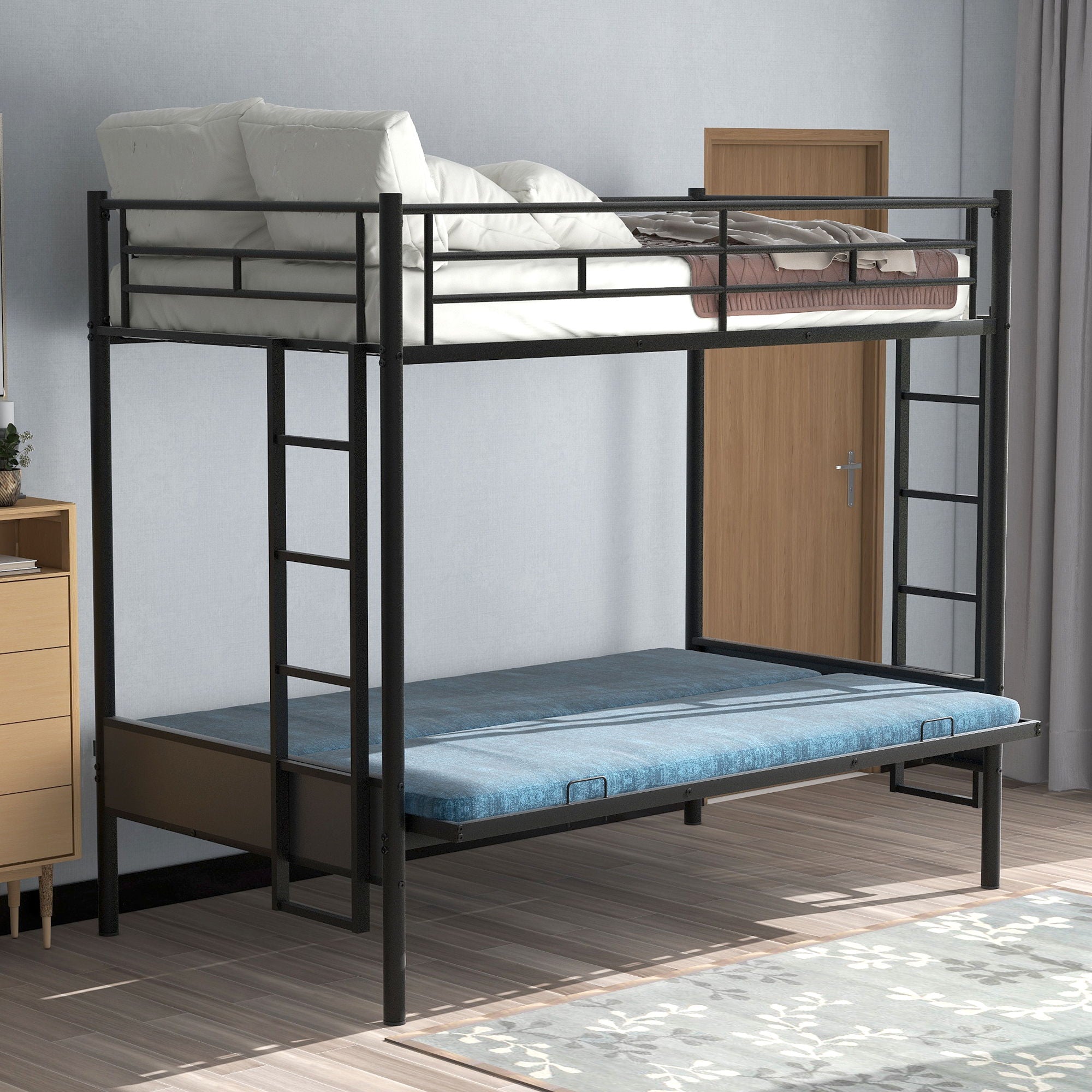 Twin Over Full Bunk Bed, Multifunction - Black