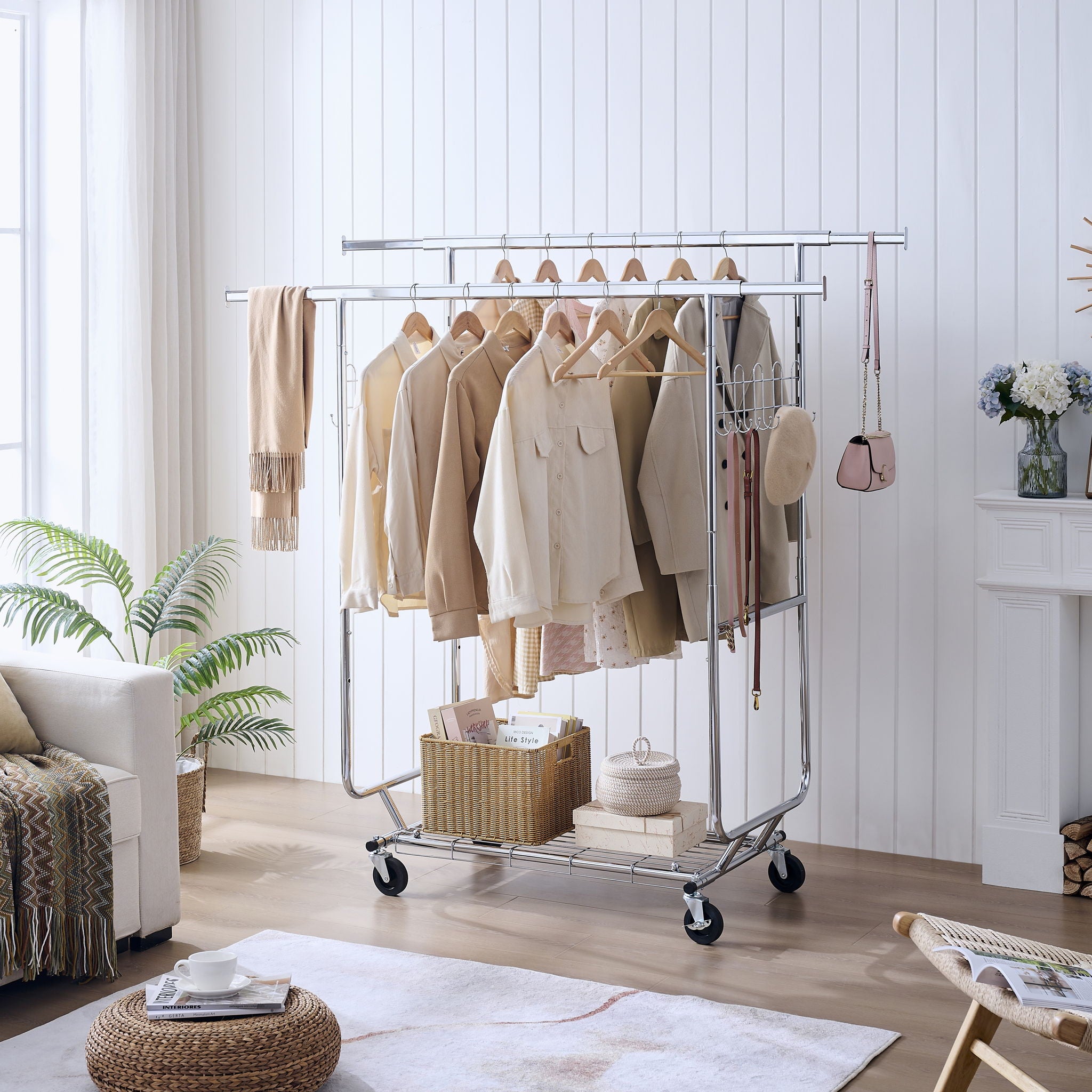 Heavy Duty Double Clothing Garment Rack With Shelves - Silver