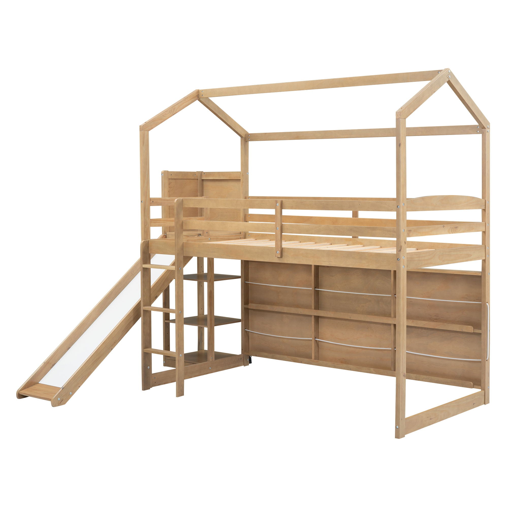 House Loft Bed With Slide, Storage Shelves And Light, Climbing Ramp