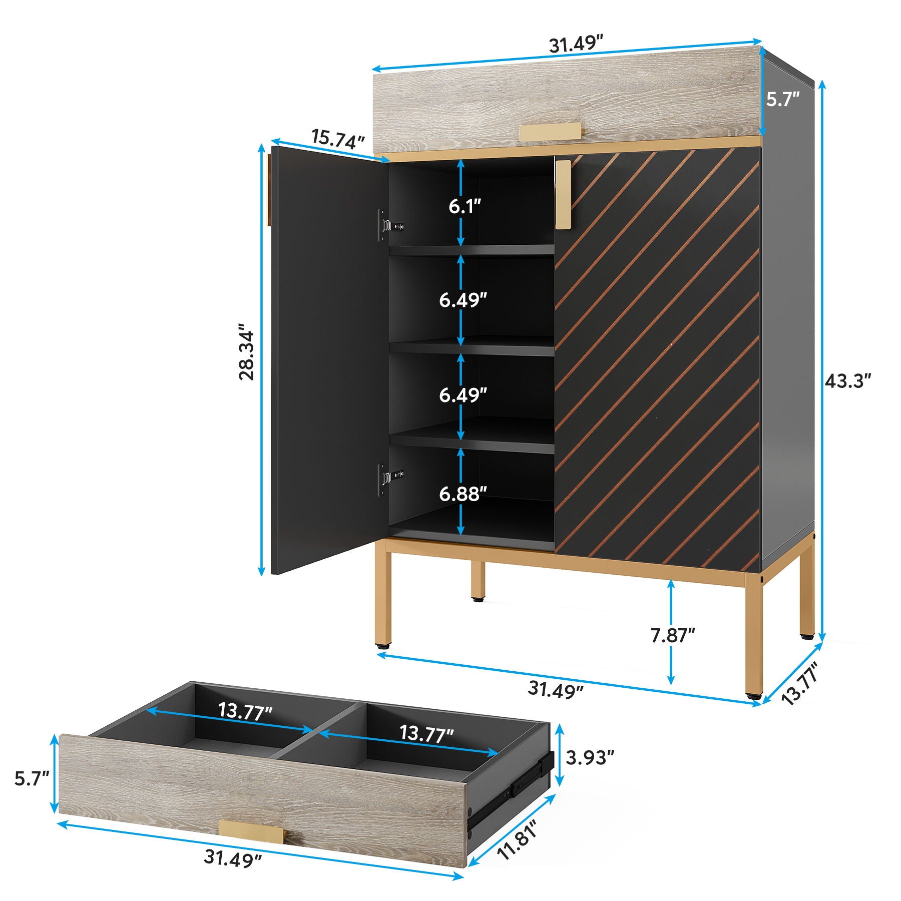 4 Tier Entryway Shoe Cabinet With Doors - Gray / Gold