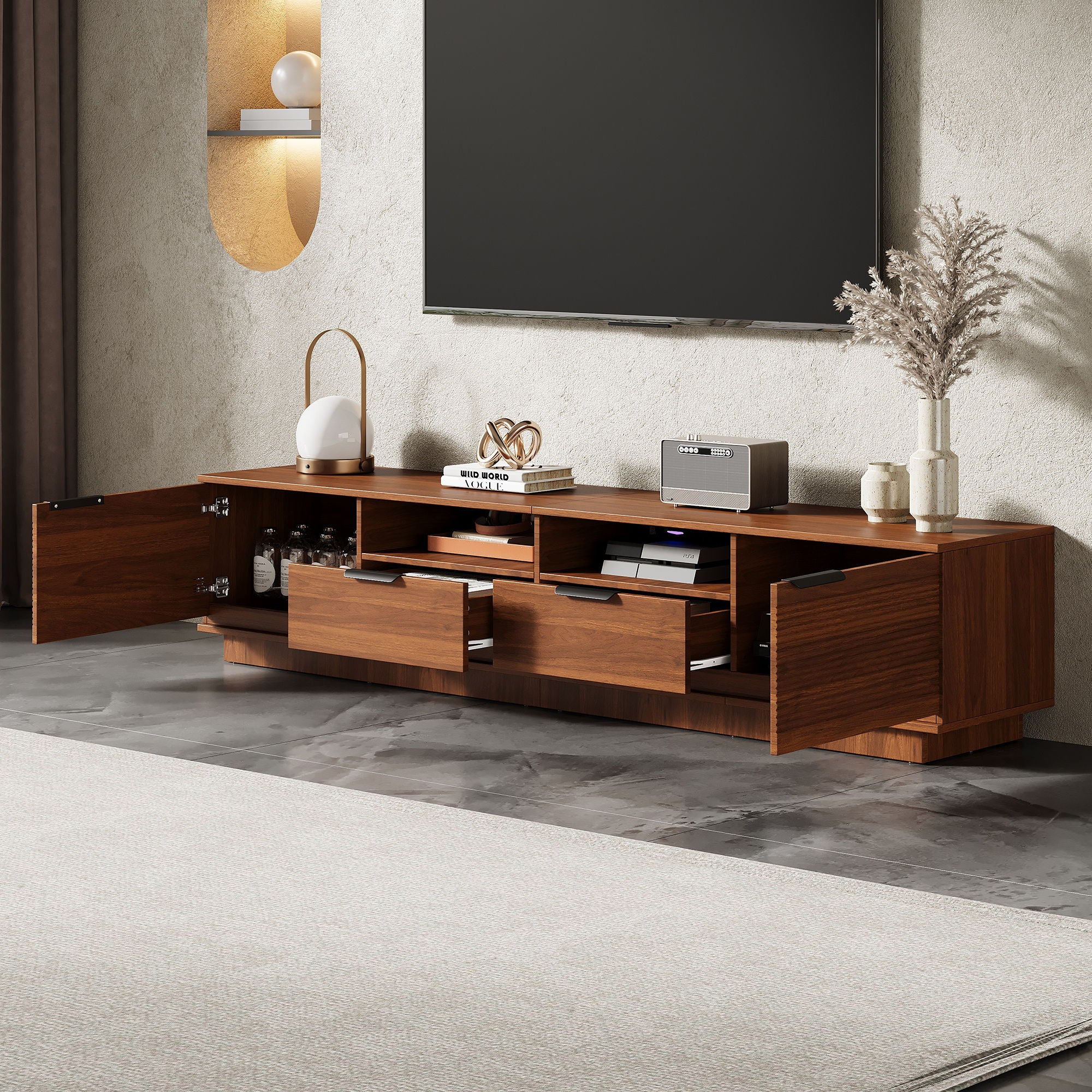 TV Stand, Entertainment Center With Deep Drawers, Cable Management & Soft Closing Hinges