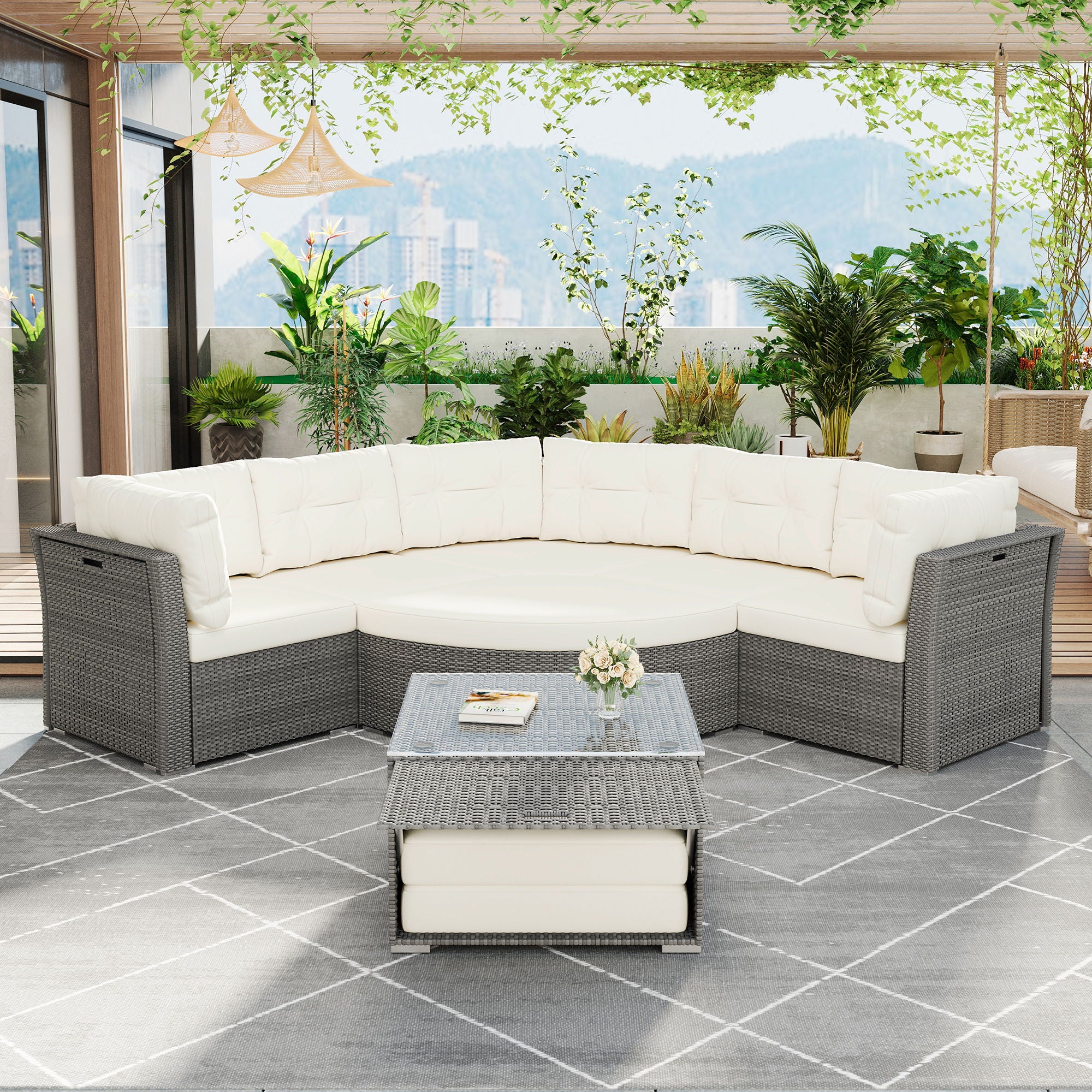 Patio Furniture Set Outdoor Daybed Rattan Sectional With Cushions And Center Table