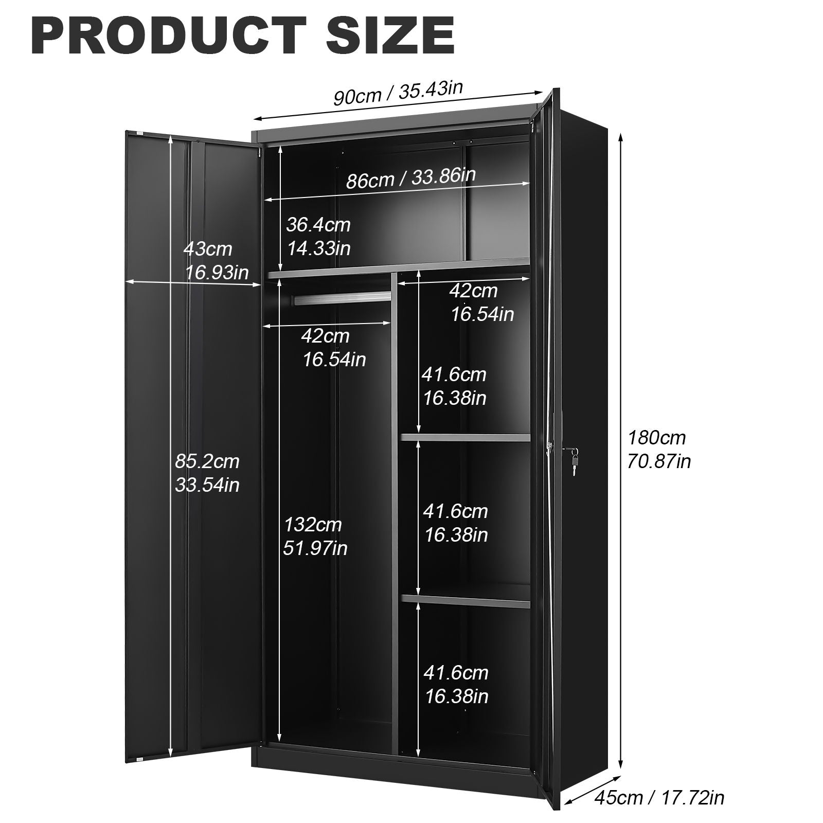 Metal Wardrobe Cabinet With Hanging Rod And Lock Adjustable Shelves Clothing Locker Storage - Black