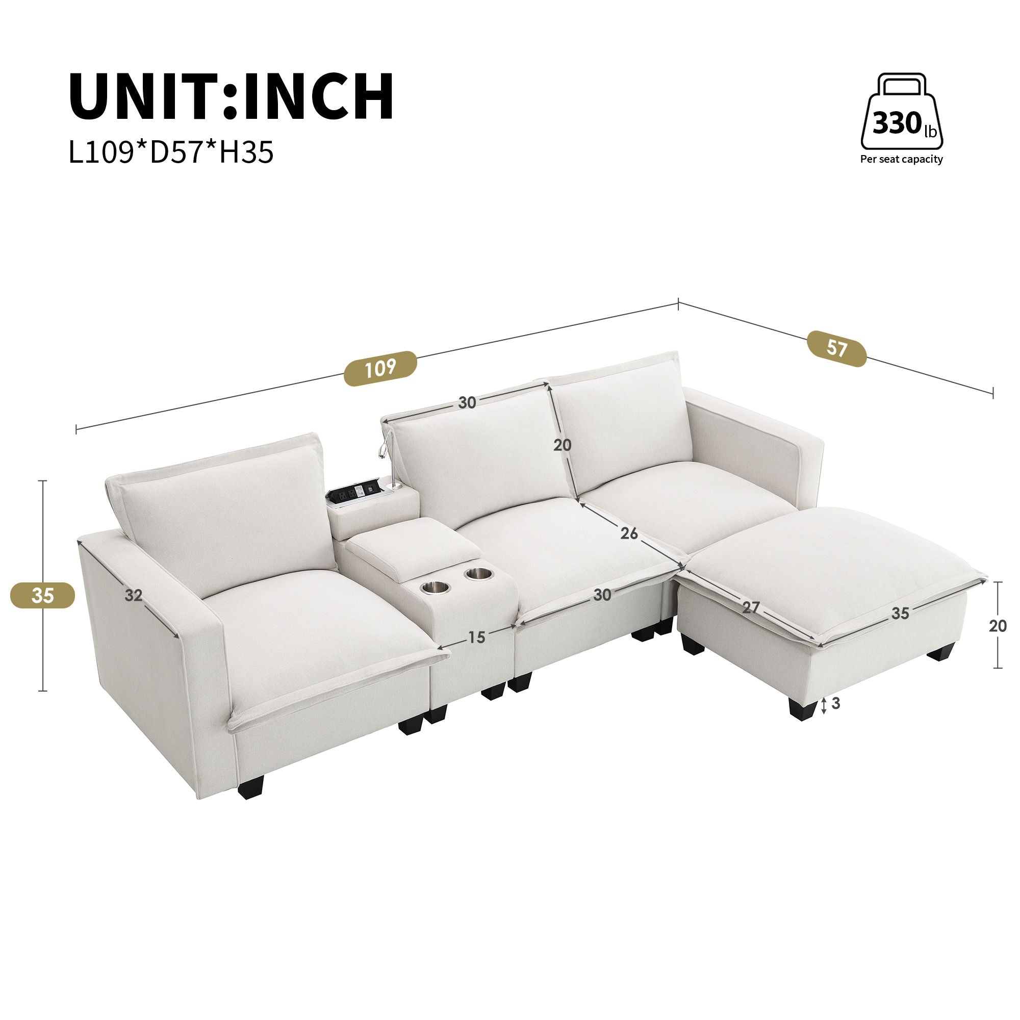 Modern Sectional Cloud Sofa With Console USB Charger Reading Light Cup Holder, Wide Seat 4 Seat Modular Couch Storable Indoor Funiture