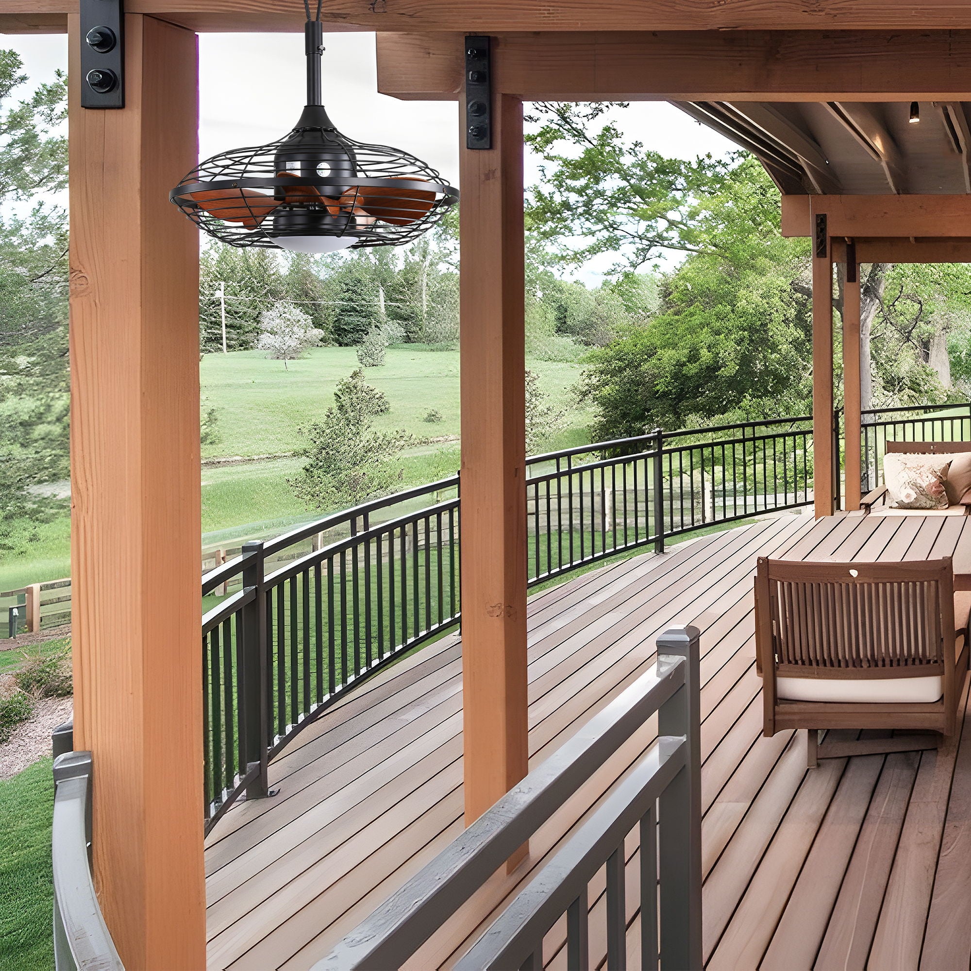 Outdoor Ceiling Fan With DC Motor And LED Light, Blades, Reversible For Patios - Black