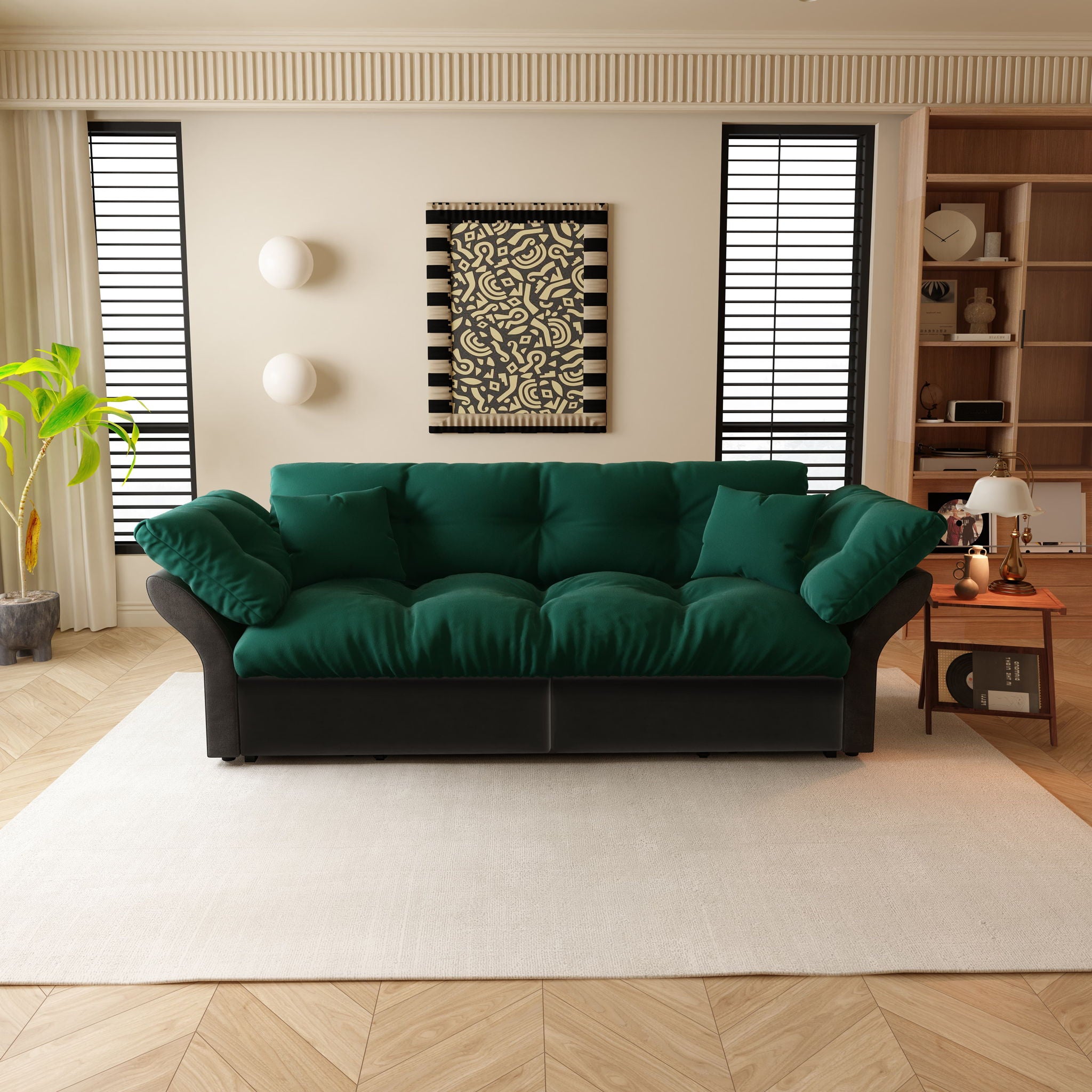 Queen Pull Out Sofa Bed, 3 In 1 Convertible Sleeper Tufted Sofa With 2 Soft Pillows