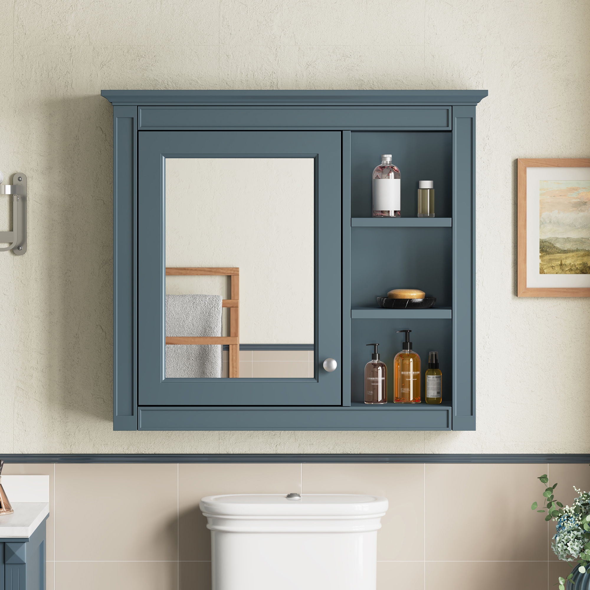 Wall-Mounted Medicine Cabinet With Mirror, Adjustable Shelves, Rectangular Design - Blue