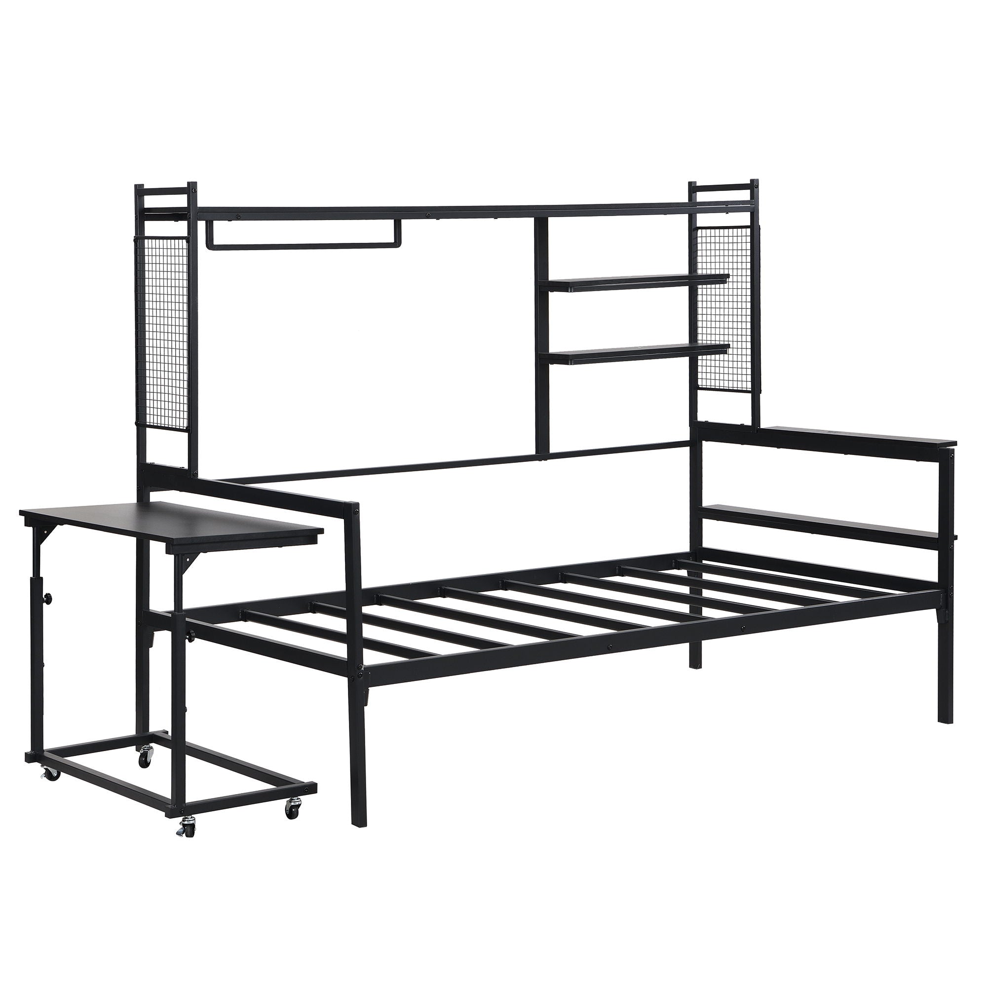 Daybed With Movable Desk, Grid, Shelves And Clothes Hanger