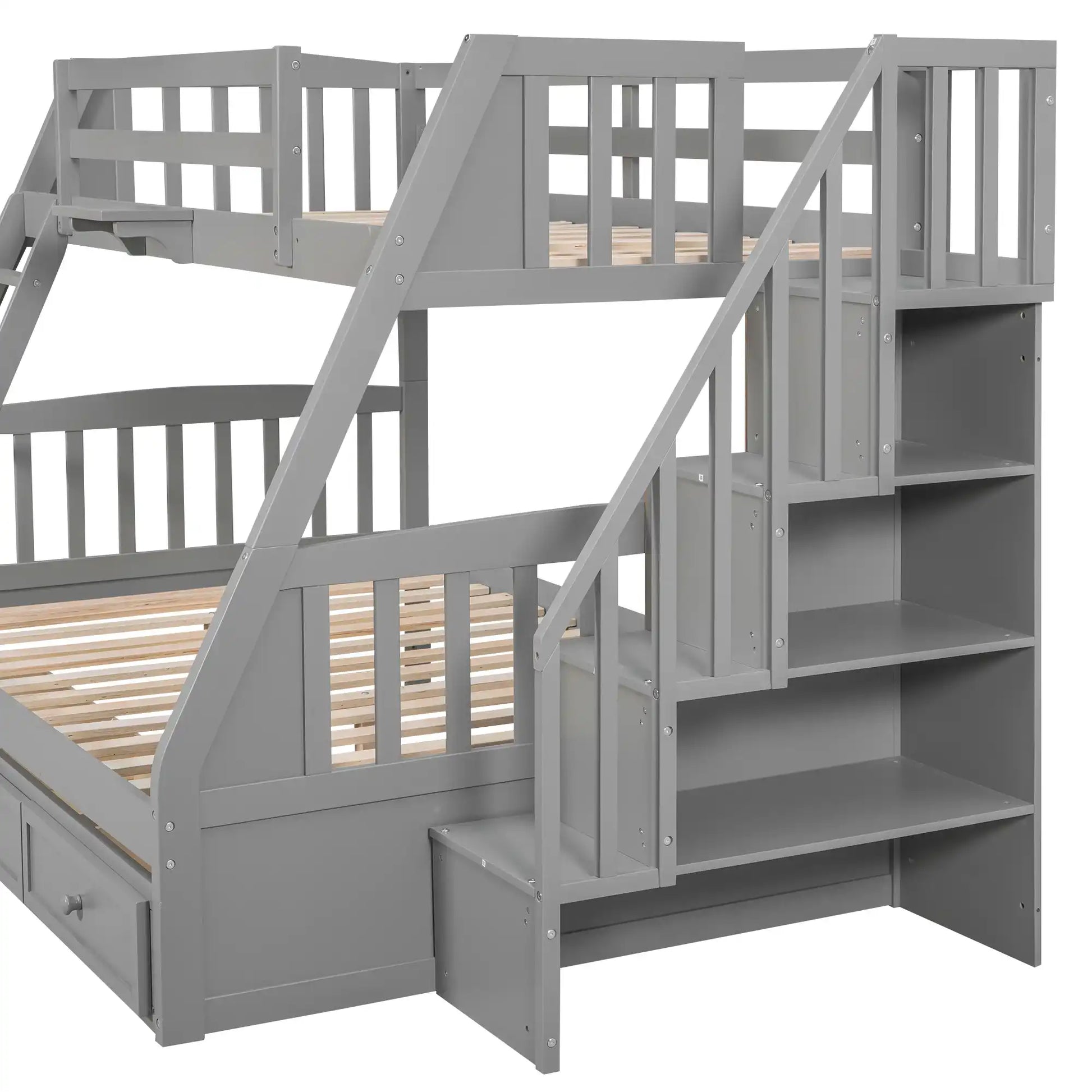 Twin-Over-Full Bunk Bed with Drawers，Ladder and Storage Staircase, Gray - Best Buy Furniture